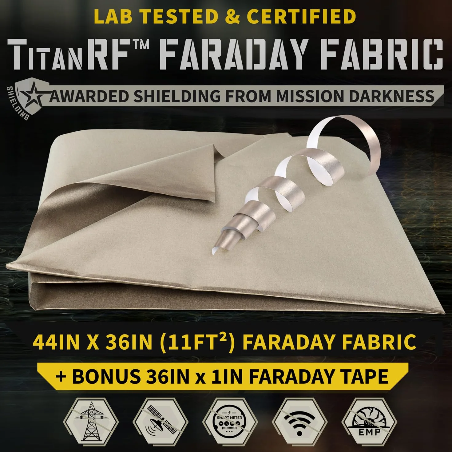 TitanRF Faraday Fabric Kit zawiera przewodzącą tkaninę o jakości wojskowej (111,76 cm x 91,44 cm) i taśmę klejącą (111,76 cm x 2,54 cm). Chroni sygnały HF komórki WiFi Bluetooth RFID EMF.