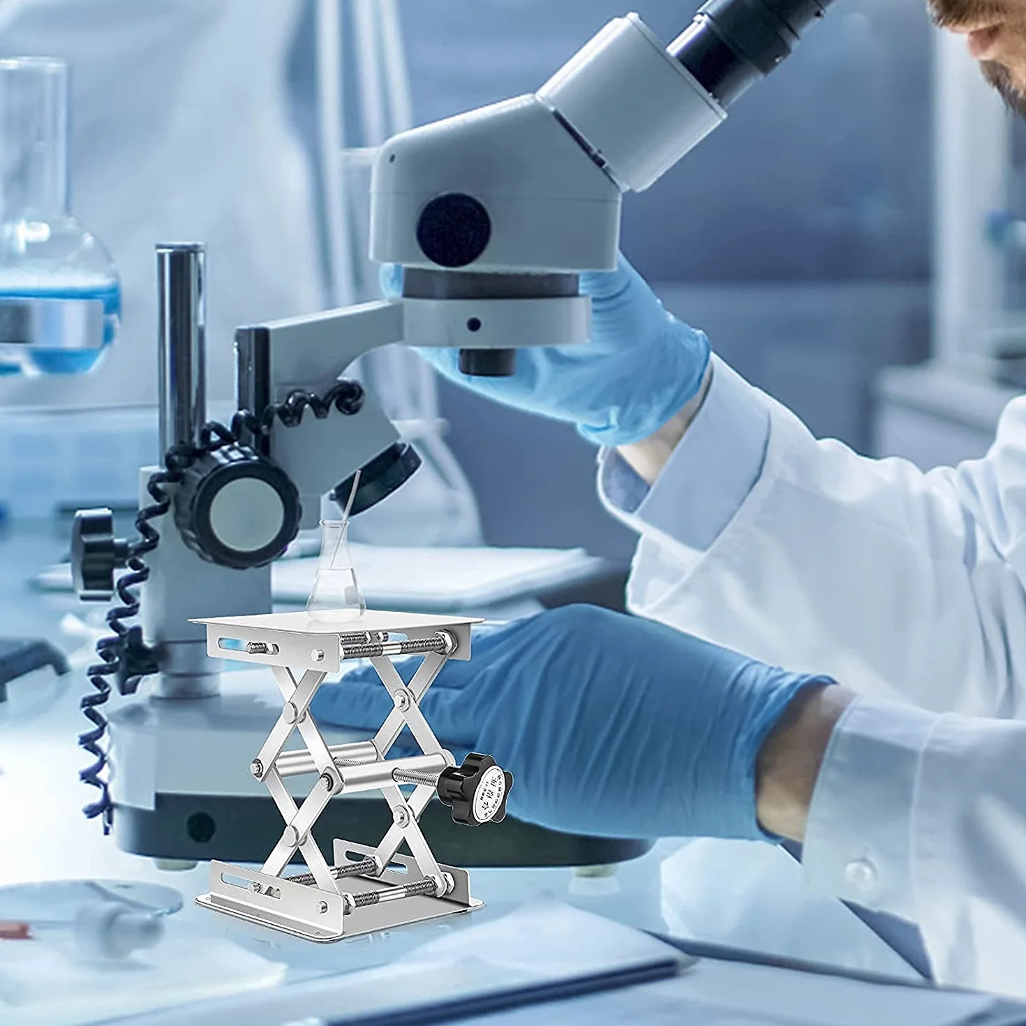 Stojak na nożyczki laboratoryjne, 9,9 x 9,9 cm ze stali nierdzewnej, platforma podnośnika laboratoryjnego, wysoki regulowany rozszerzalny zakres wysokości podnoszenia od 45 mm do 158 mm