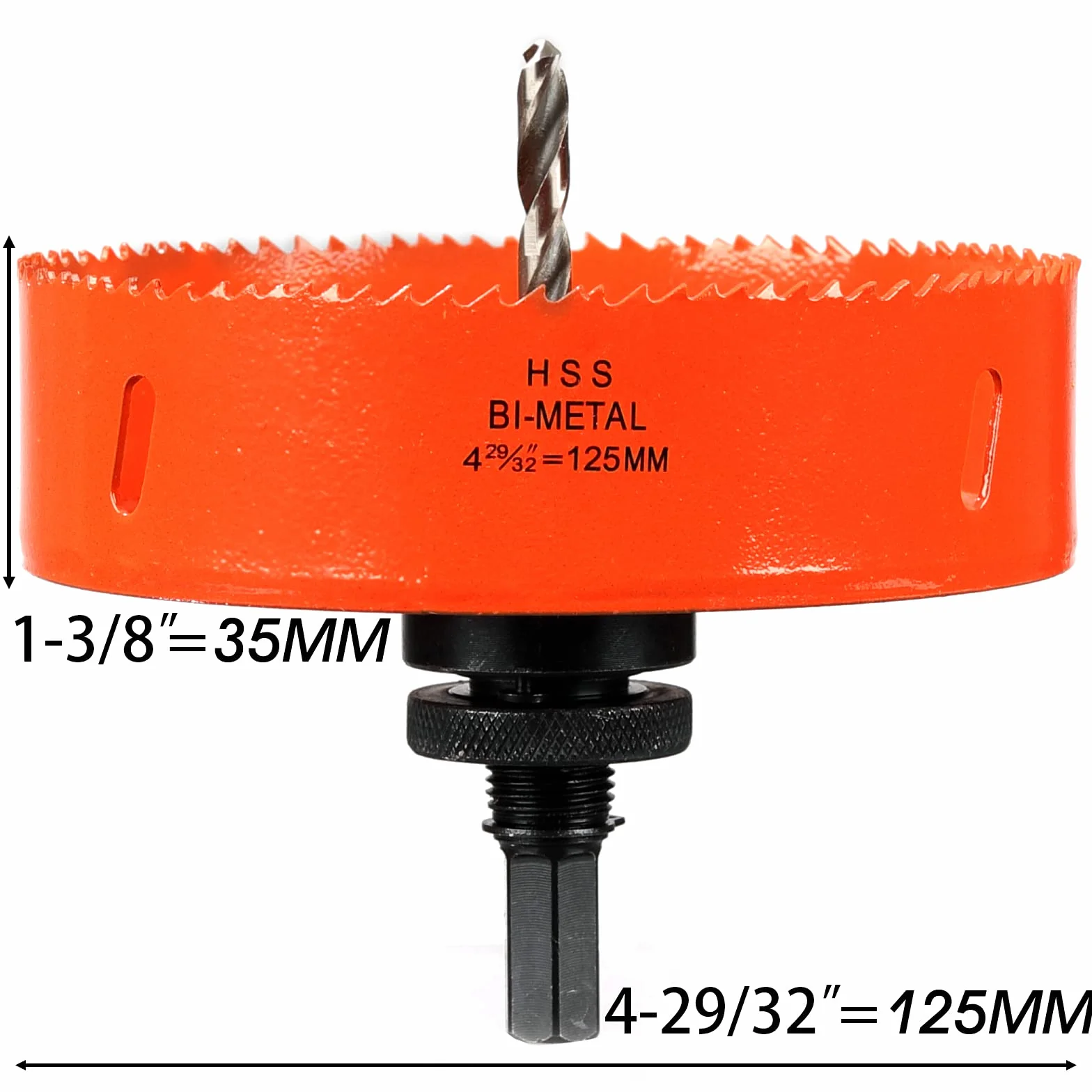 Otwornica 125 mm, stal szybkotnąca HSS M42, bimetalowa, otwornica z trzpieniem sześciokątnym i wiertłem do drewna, suchej zabudowy i blachy metalowej, 1 sztuka, pomarańczowa ø 125 mm