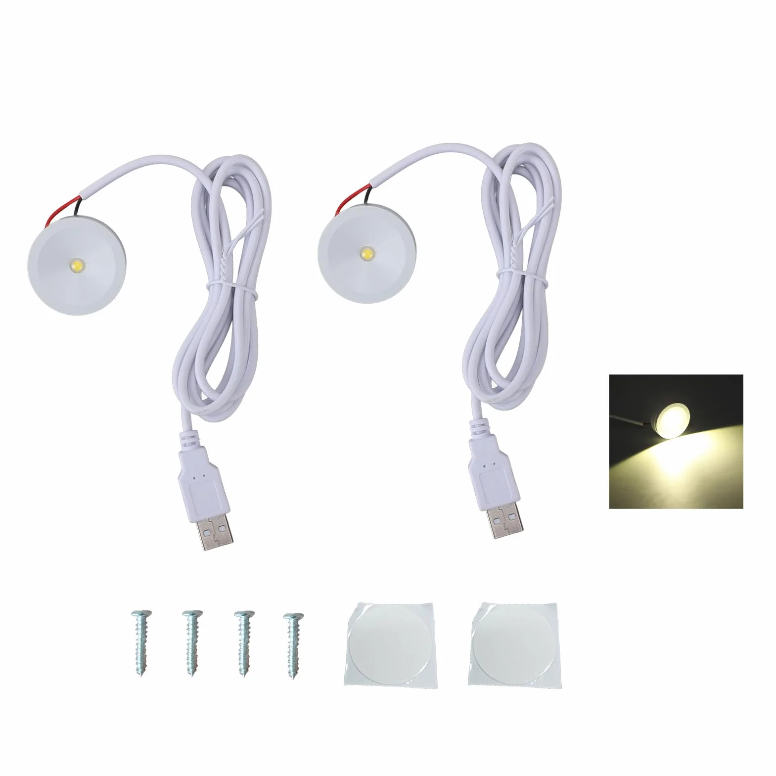 2 Zestawy USB 5 V 1 W Okrągłe Wyświetlacze Lampki Dbające o Oczy Mini Reflektory Oprawa Wystawowa do Biżuterii z Przewodem o Długości 4,3 Stopy do Gablot Pudełka na (Ciepłe