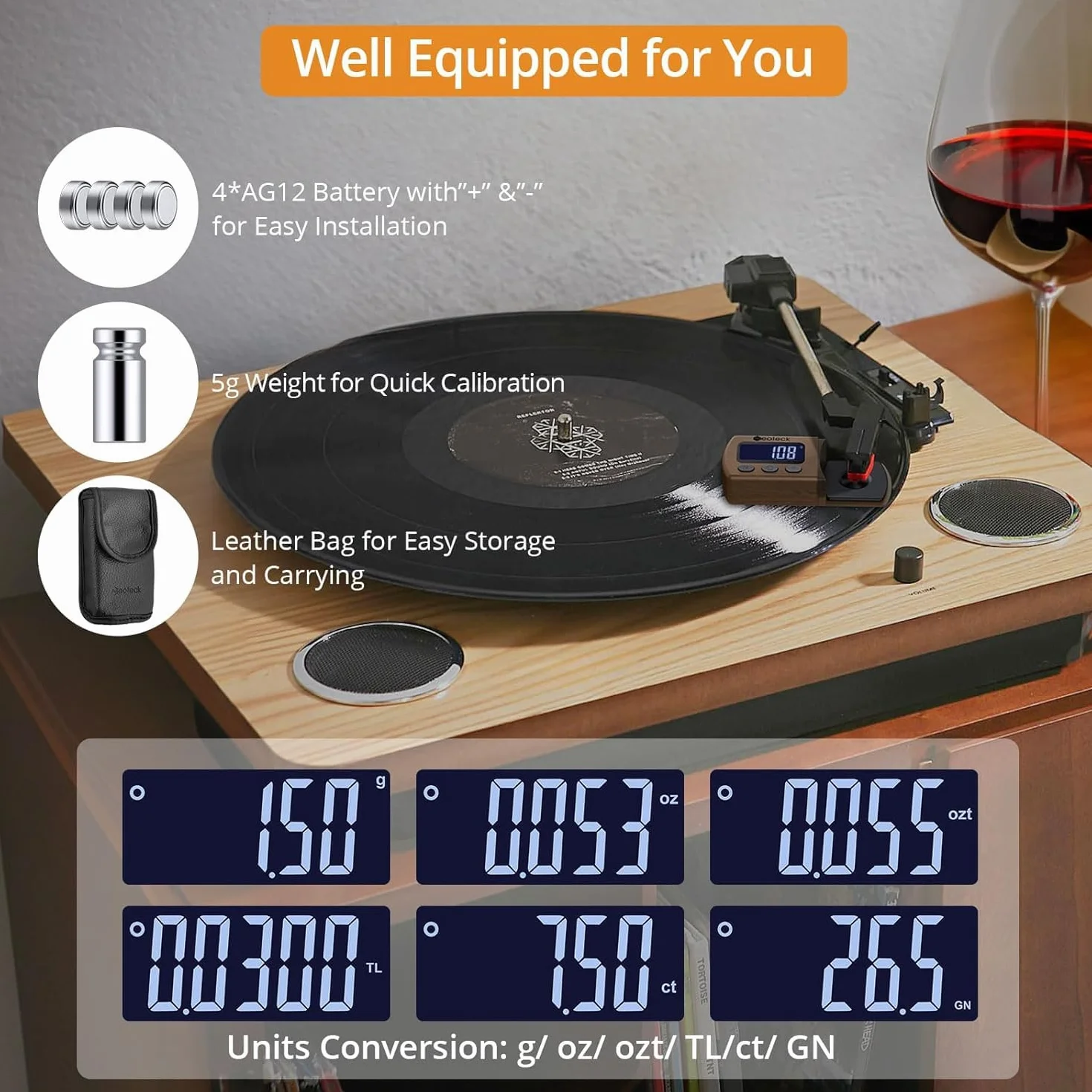 Neoteck Cyfrowy gramofon Stylus Force Scale Gauge 0,01 g/5,00 g z niebieskim podświetleniem LCD i kalibracją 5 g