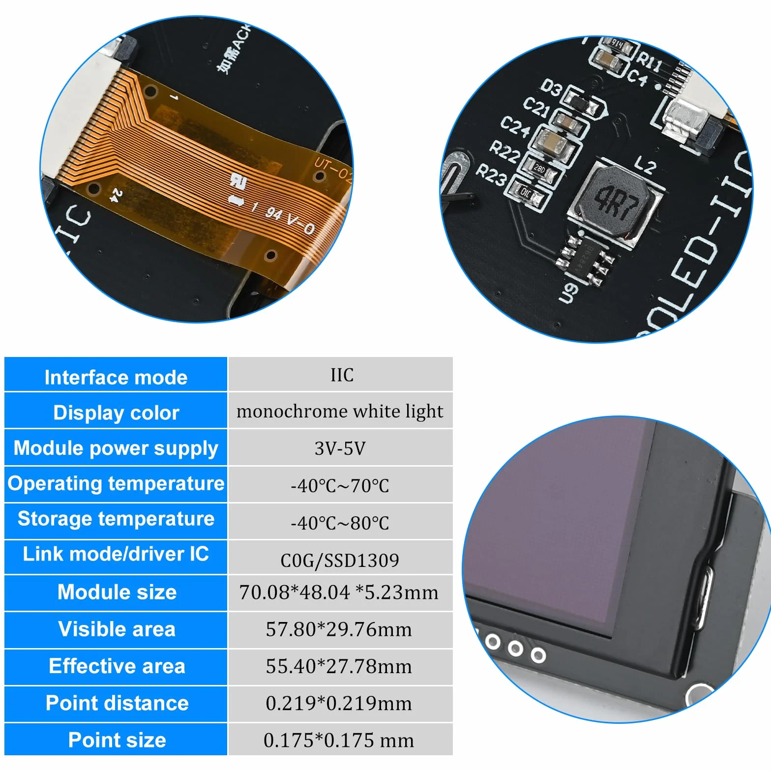 Podazz 2,42-calowy moduł wyświetlacza SSD1309 128x64 OLED 4-poligowy IIC