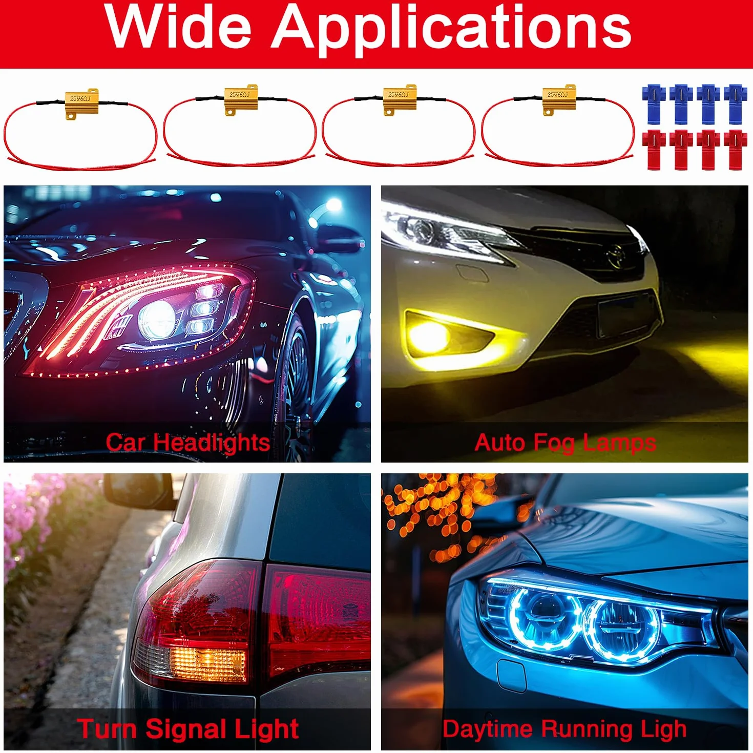 YIXISI 4 Sztuk 25W 6Ohm Rezystor Obciążenia LED, z 8 Szybkimi Klipsami do Przewodów, dla Kierunkowskazów LED, Światła Tablicy Rejestracyjnej LED, DRL, Dekoder Świateł Przeciwmgielnych