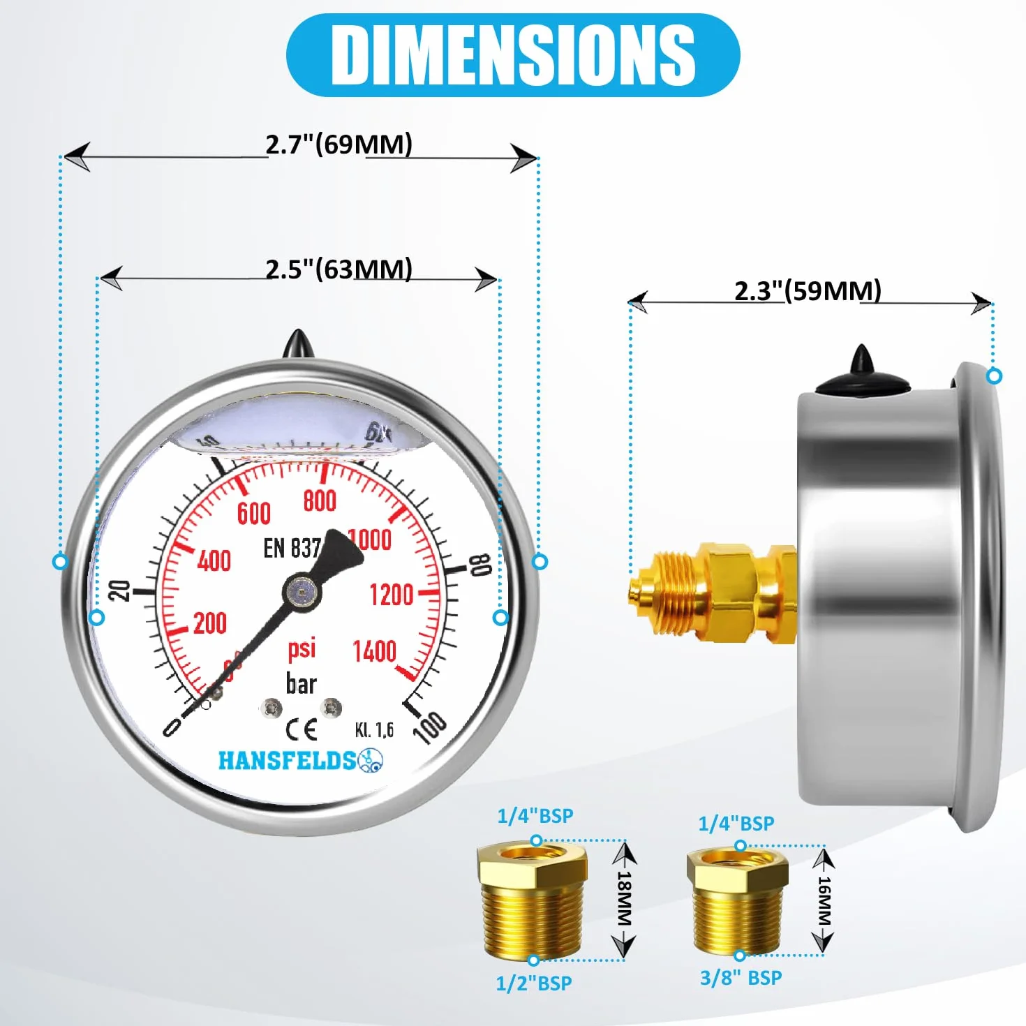 Manometr Hansfelds 0–100 bar/PSI, tarcza 63 mm, przyłącze mosiężne G1/4" BSP, wypełniony cieczą, klasa 1.6