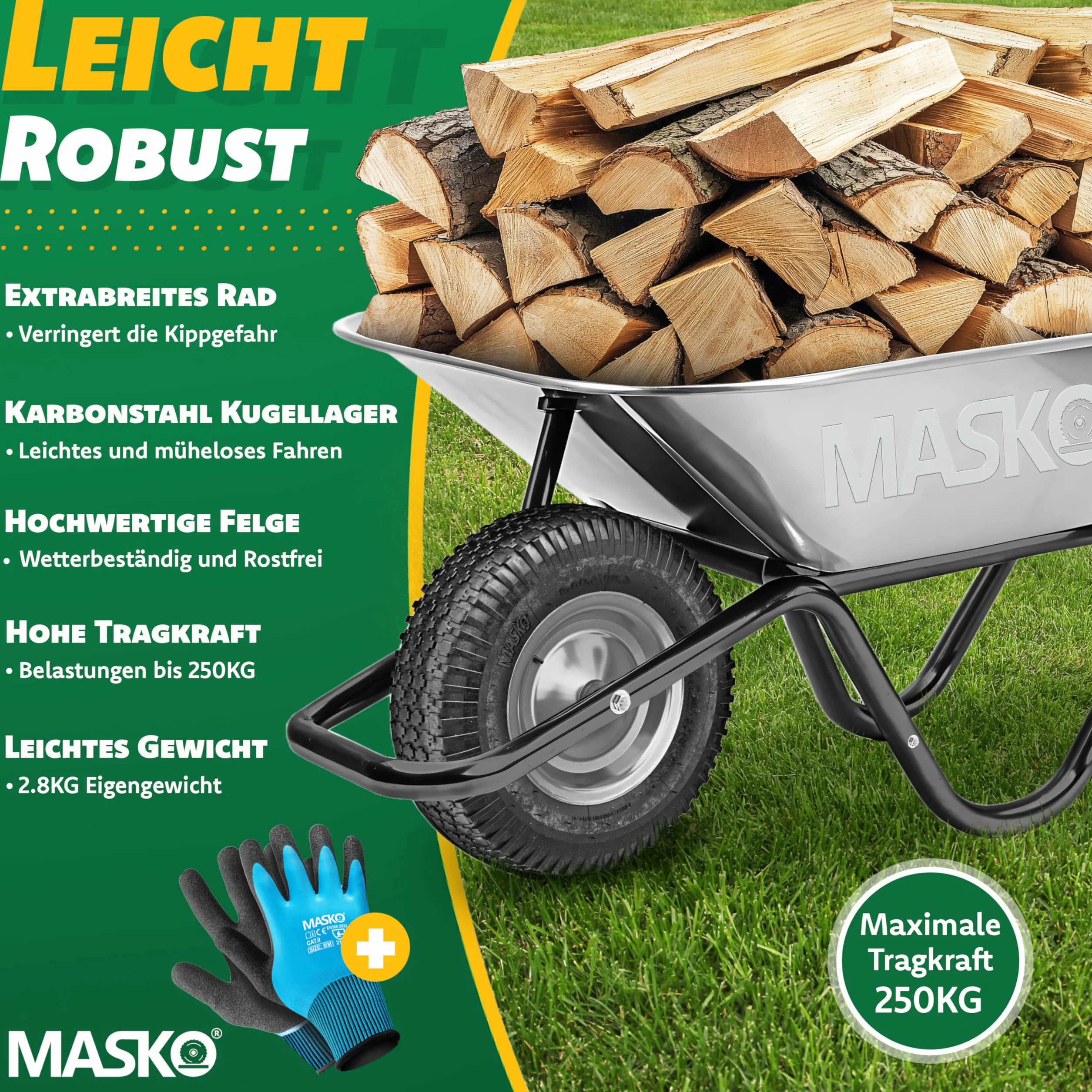 MASKO® Koło do taczki, ogumienie pneumatyczne, 250 kg, koło zapasowe, opony pneumatyczne, taczka ogrodowa 40 cm / 15,6", bardzo szerokie, 9,5 cm, koło pneumatyczne, odporne na przebicie opony z felgą