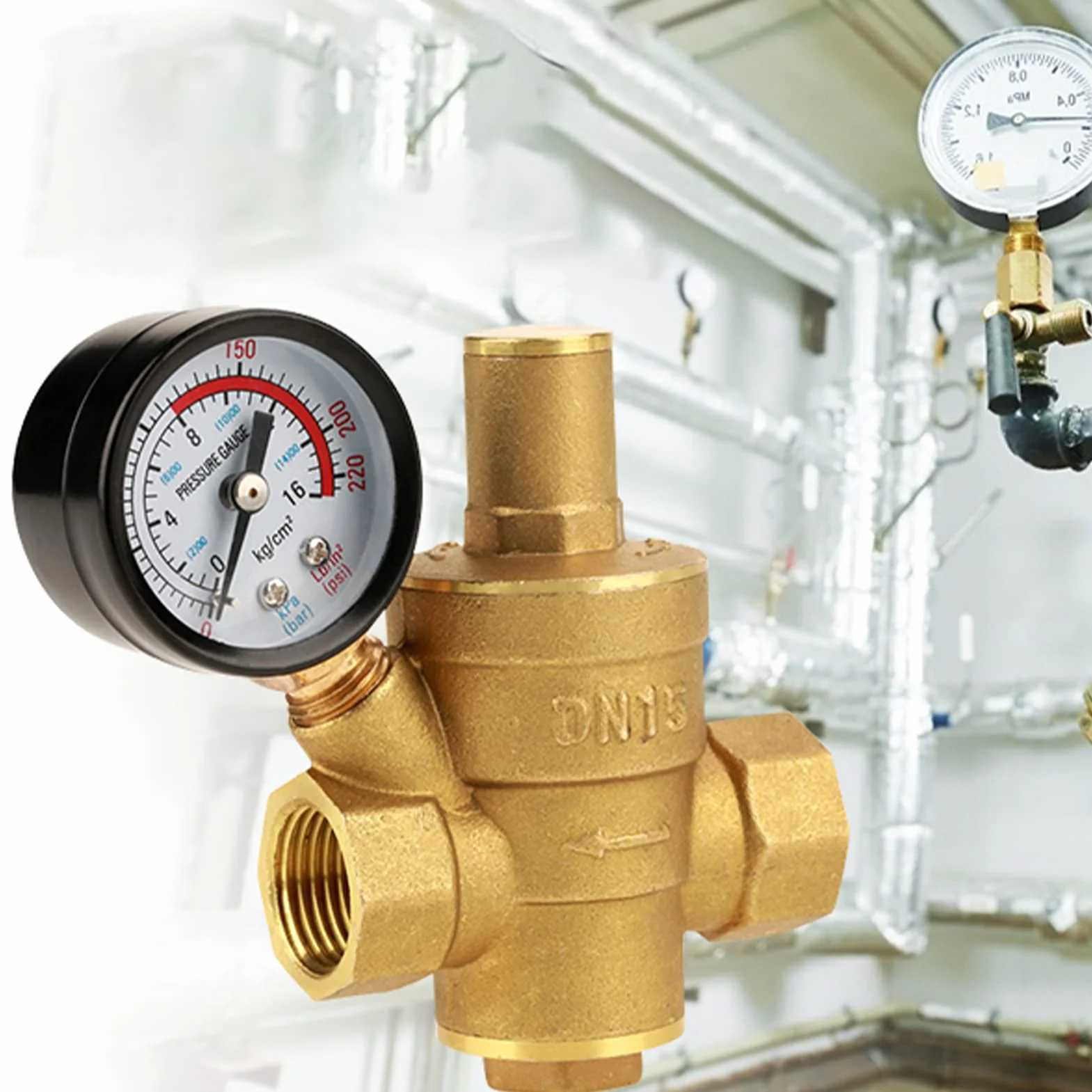 Regulator ciśnienia wody, DN15 mosiądz regulowany regulator ciśnienia wody reduktor G gwint z miernikiem miernika akcesoria do elektronarzędzi 62 mm x 90 mm