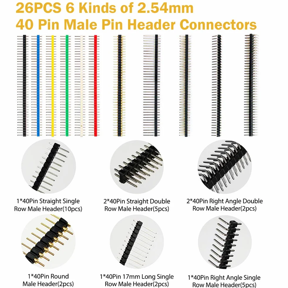Zestaw złączy wtykowych i zaślepek rozruchowych, 300 szt. 2,54 mm zaślepki do komputera + 35 szt. płytki PCB 40-pinowe proste / kątowe / okrągłe pojedyncze/dwurzędowe męskie żeńskie złącza
