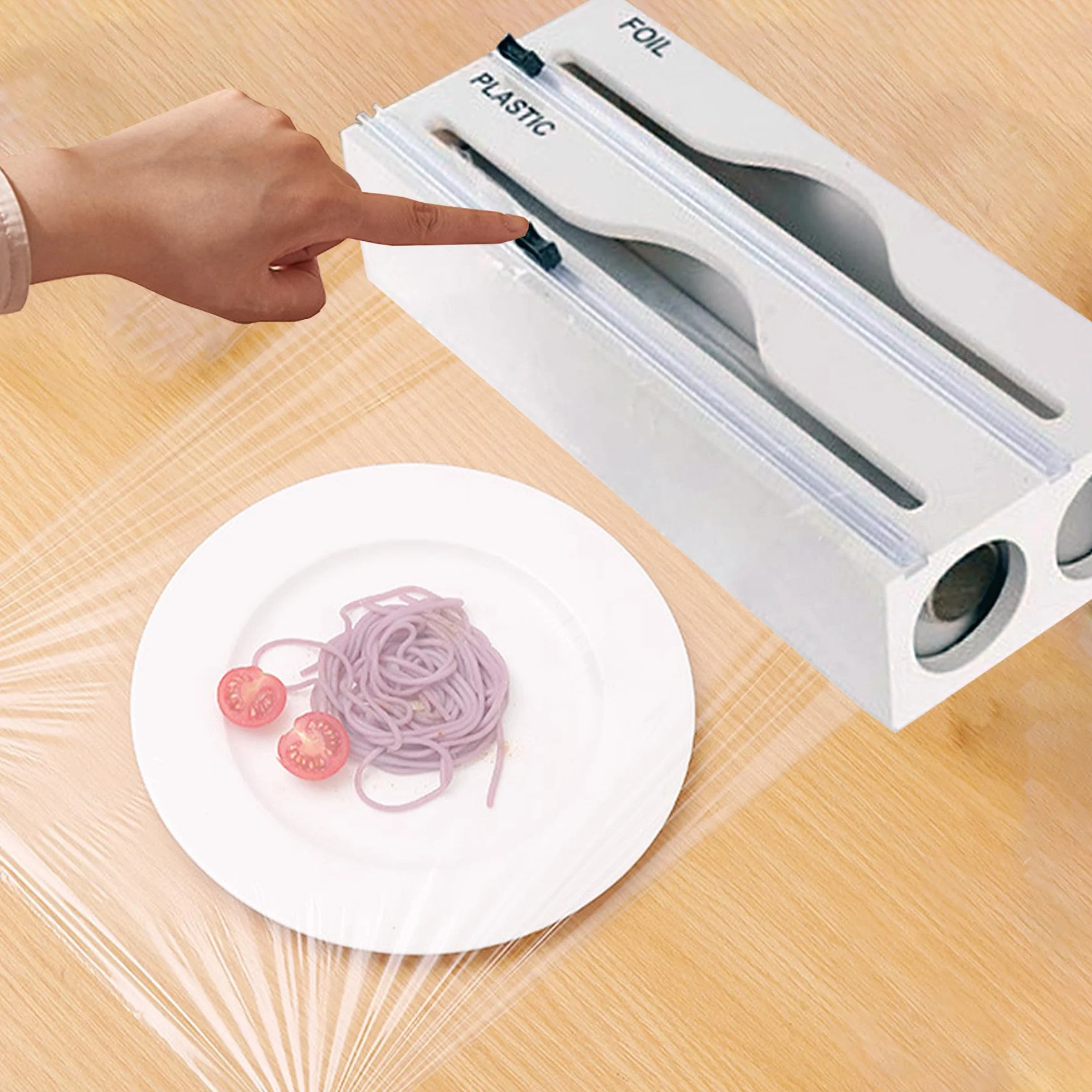 SUQ Wrap Dispenser-Cutter, napełniany dozownik folii cling, przyssawka do cięcia folii plastikowej Żywność Przezroczysta folia i folia do kuchni, restauracja (Dwuwarstwowy biały)