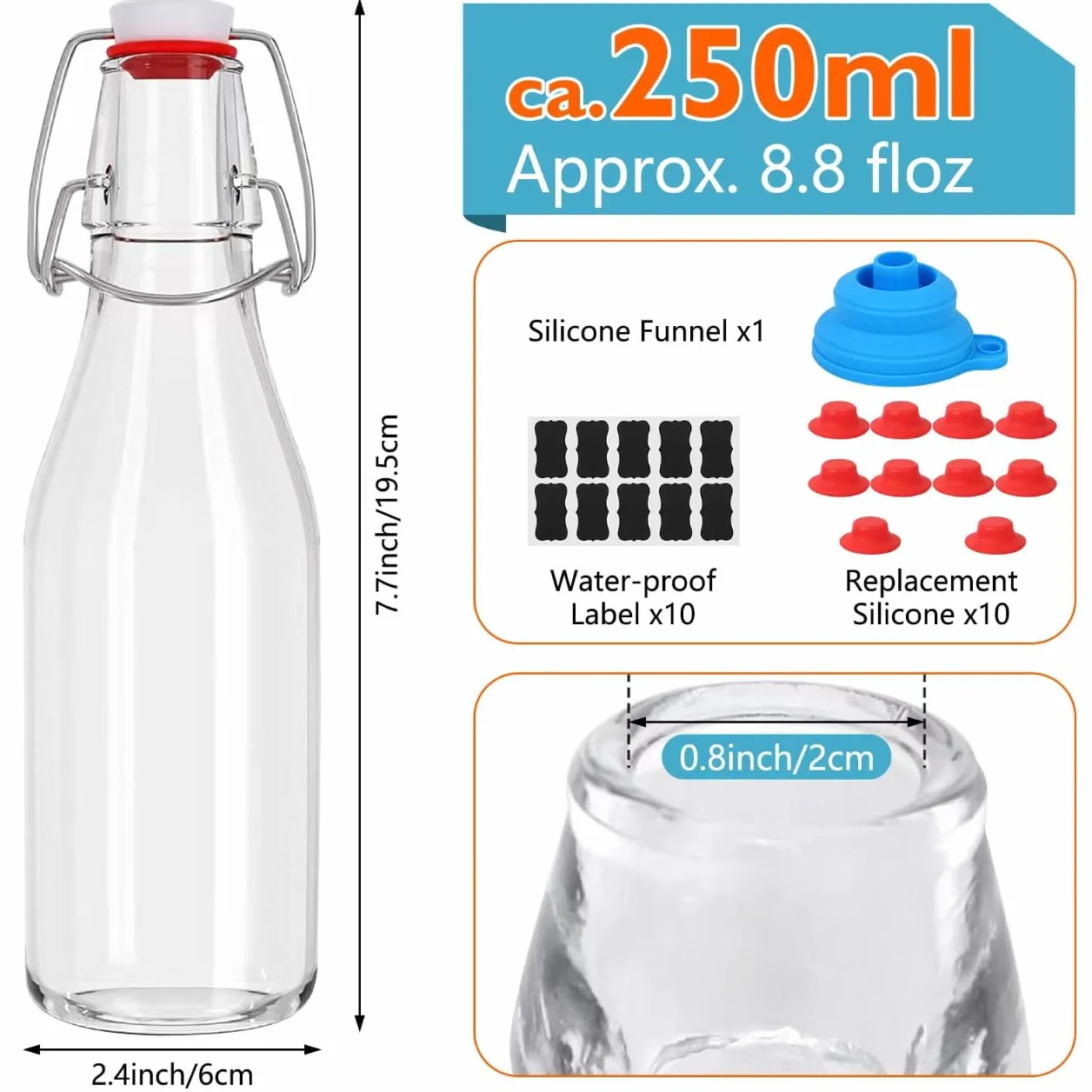Szklane butelki 250 ml z zamknięciem pałąkowym 10 sztuk