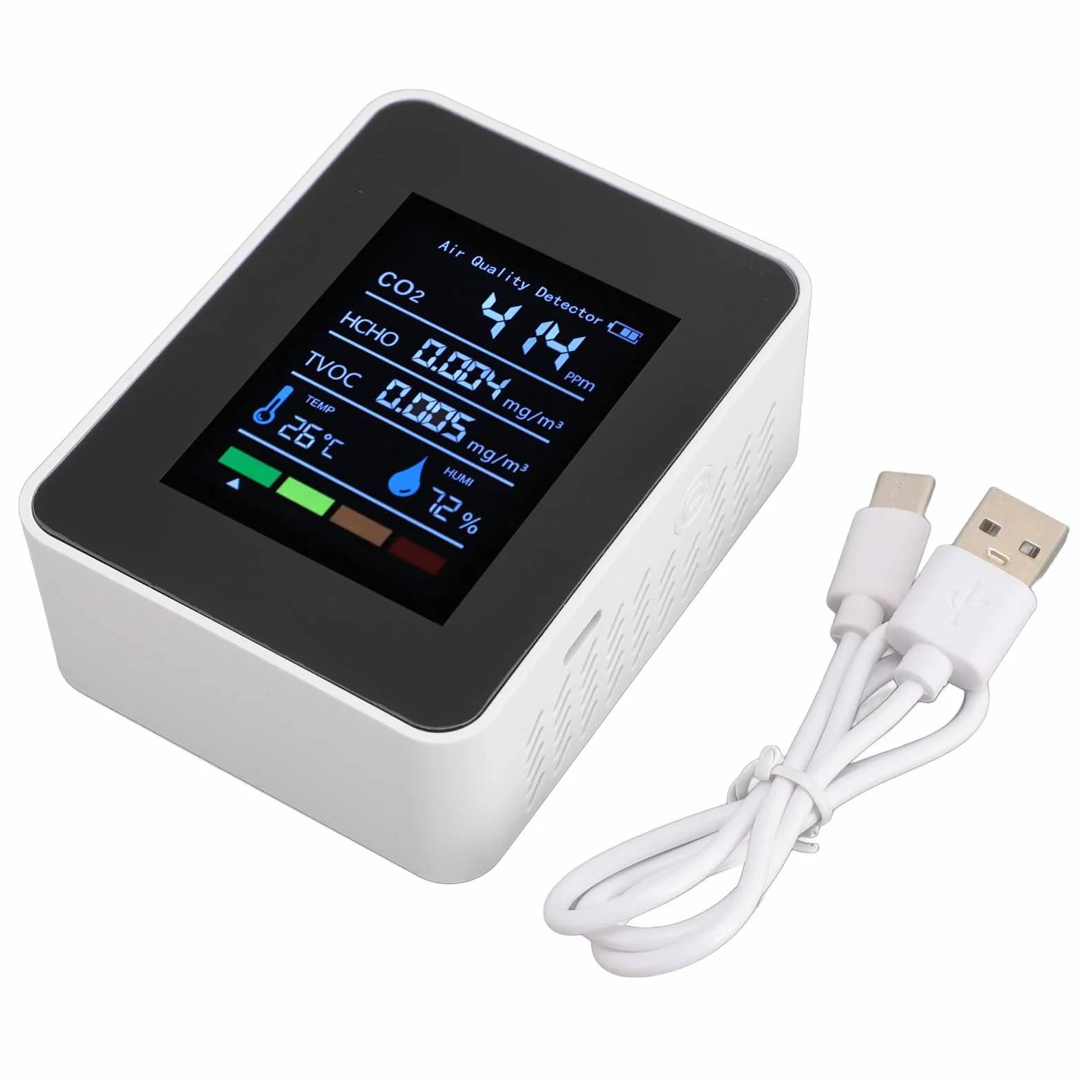 Monitor Jakości Powietrza 5 w 1, Miernik Testowy CO2/HCHO/TVOC/temperatury/wilgotności, Inteligentny Detektor Jakości Powietrza z Wyświetlaczem i baterią 1200 MAh, do Domu, Biura