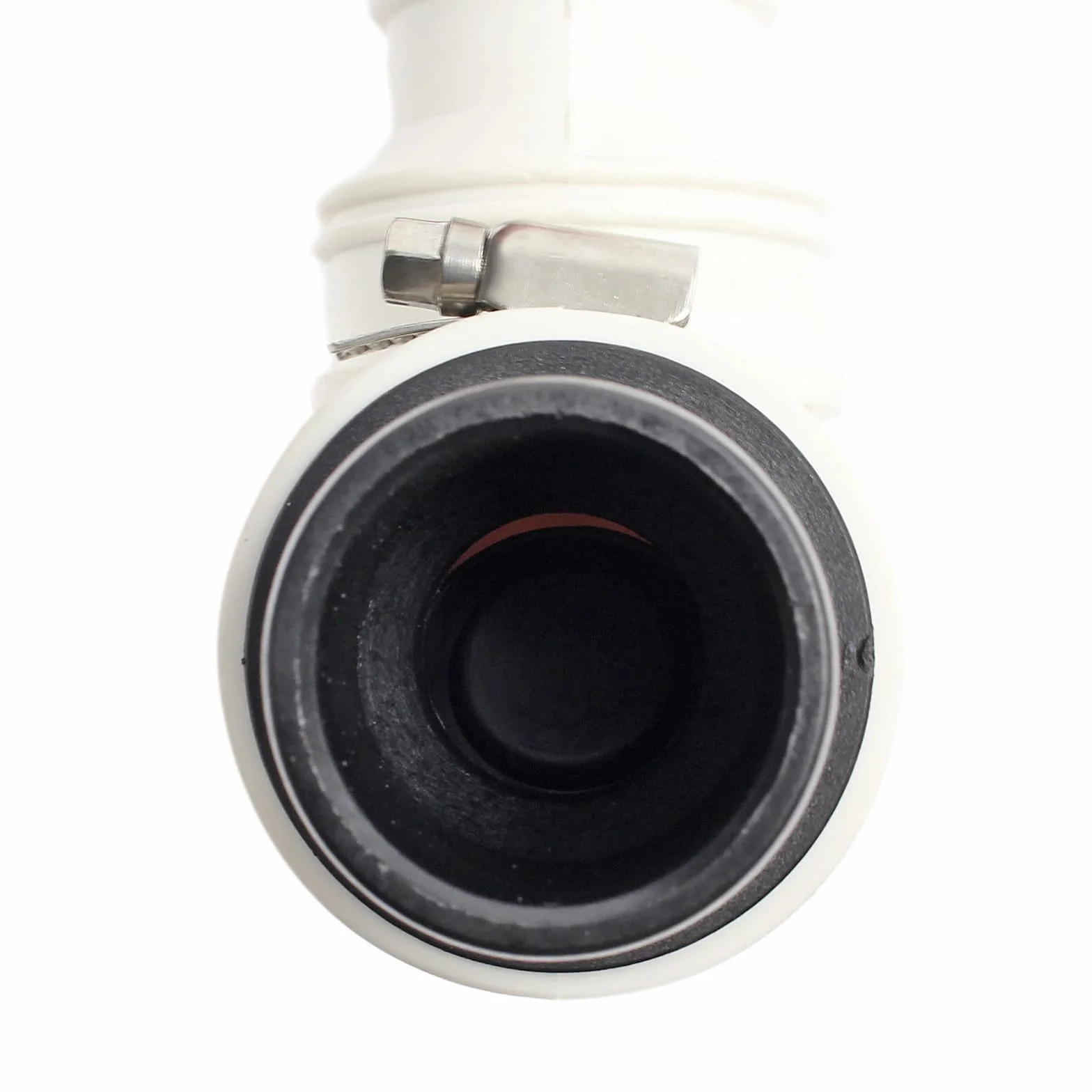 Zawór zwrotny Wiltec DN40 do zastosowań sanitarnych, zawór zwrotny o średnicy zewnętrznej 40 mm, kolanko 90° ze stopniowaną wylewką i zacisk węża