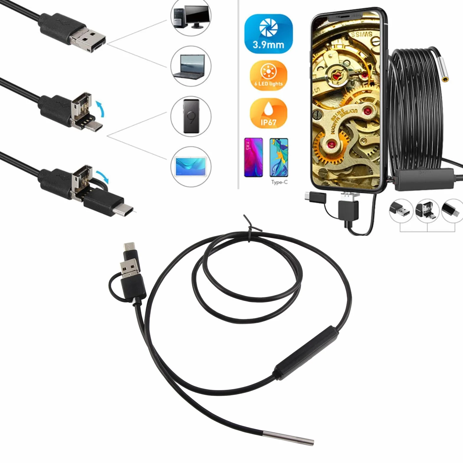 Endoskop 3 w 1, kamera endoskopowa, wodoszczelna kamera typu C, USB endoskop do telefonów z systemem Android, obiektyw 3,9 mm, wodoszczelna kamera endoskopowa, 1280 x 720 (1 m)