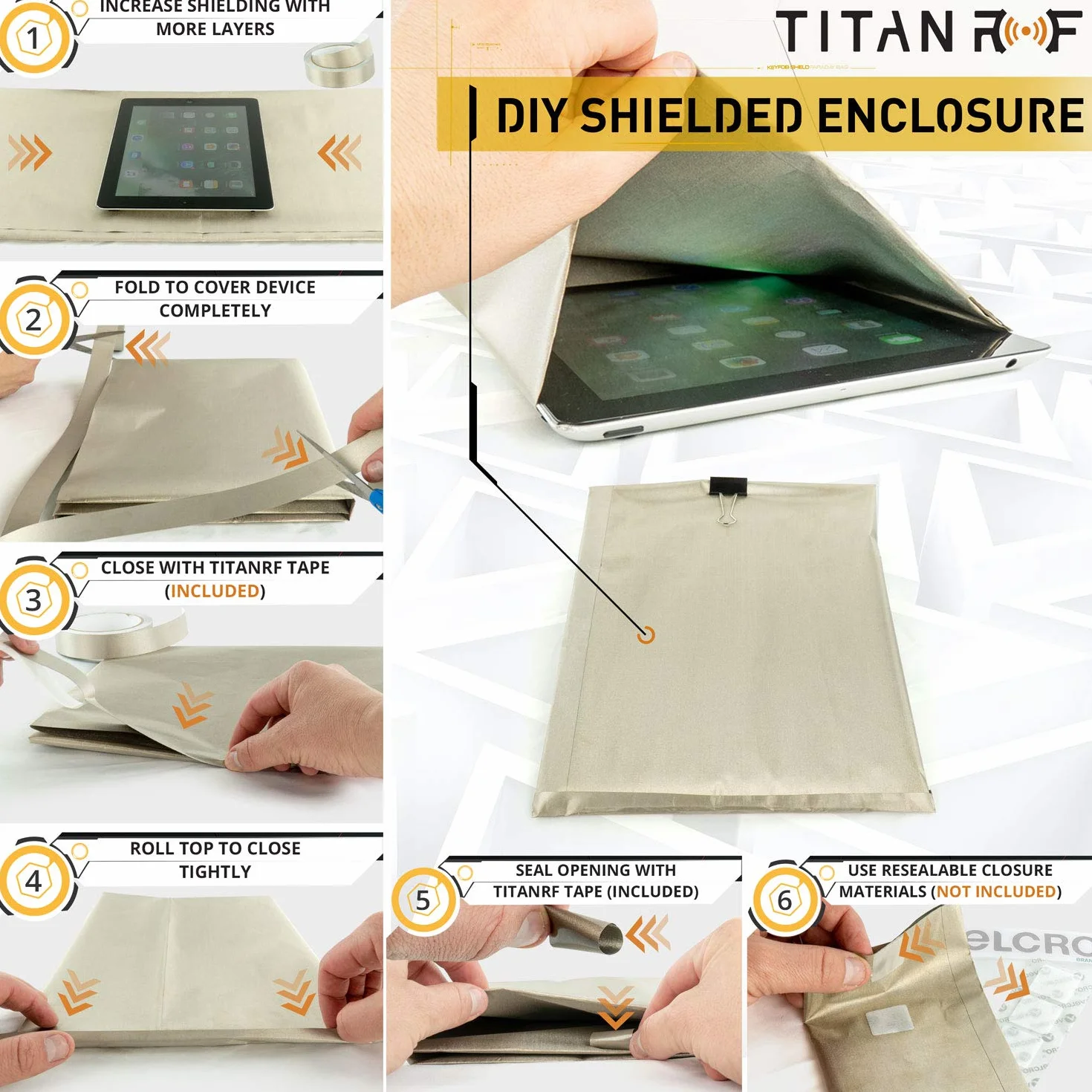 TitanRF Faraday Fabric Kit zawiera przewodzącą tkaninę o jakości wojskowej (111,76 cm x 91,44 cm) i taśmę klejącą (111,76 cm x 2,54 cm). Chroni sygnały HF komórki WiFi Bluetooth RFID EMF.