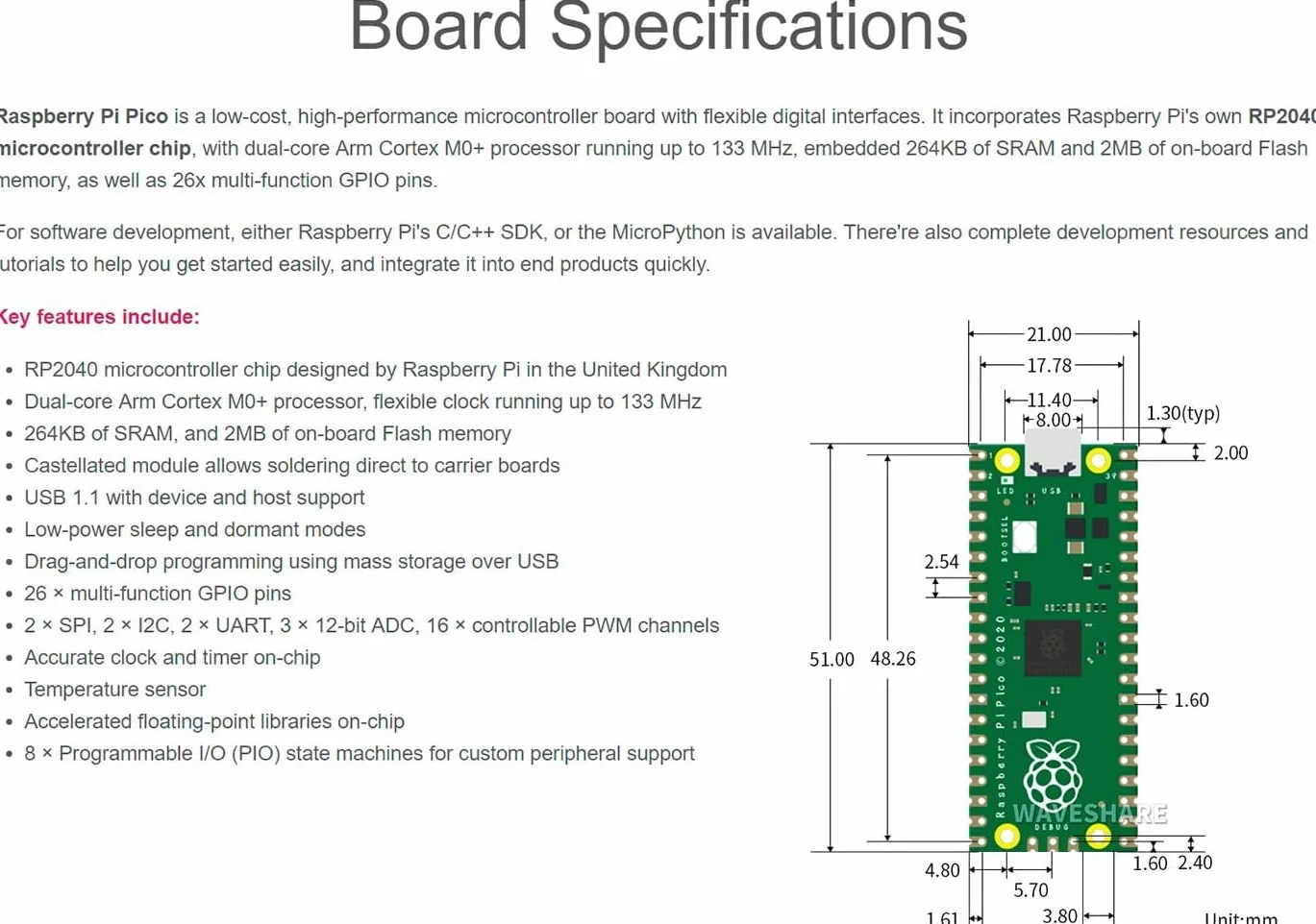 Adeept Raspberry Pi Pico wstępnie lutowany nagłówek kabel USB mini płytka rozwojowa mikrokontrolera RP2040 ARM Cortex M0+