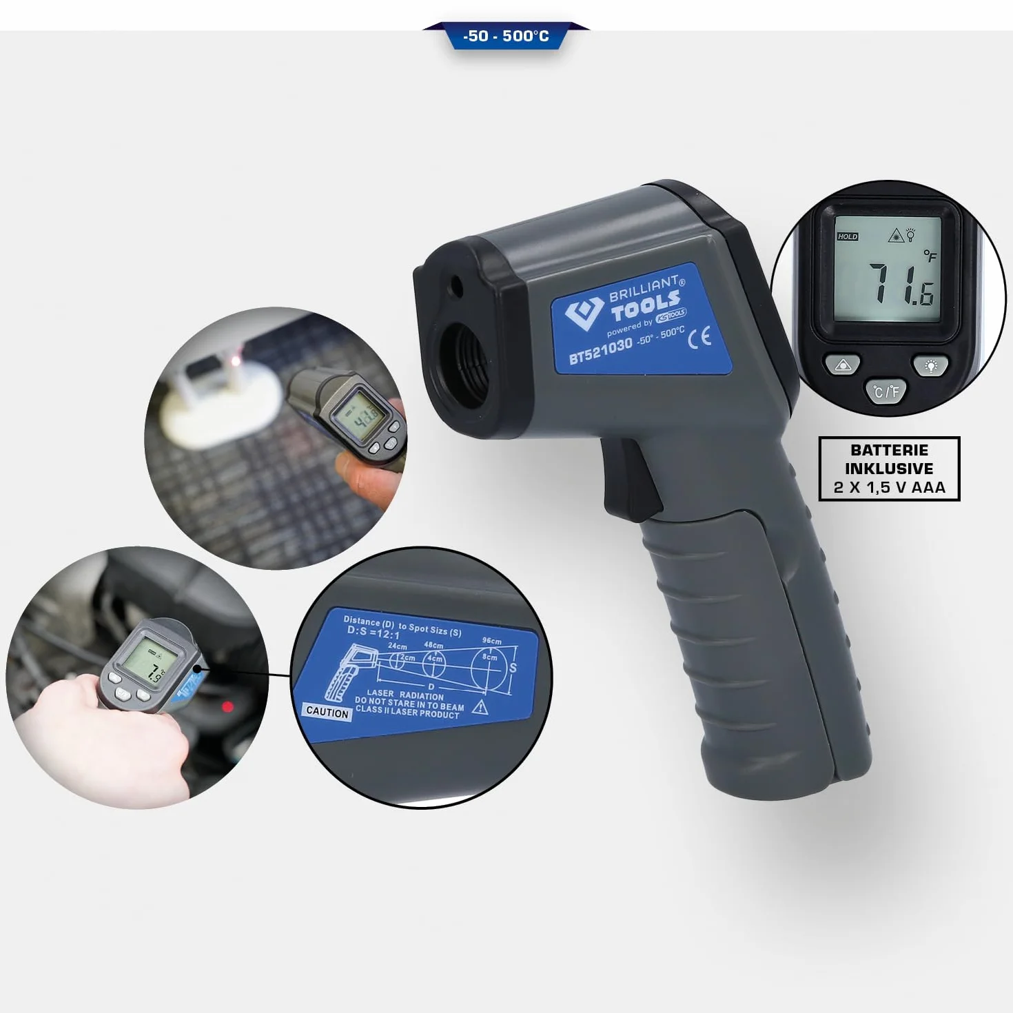 BRILLIANT TOOLS BT521030 Pirometr laserowy, -50° - 500° [Powered by KS TOOLS]