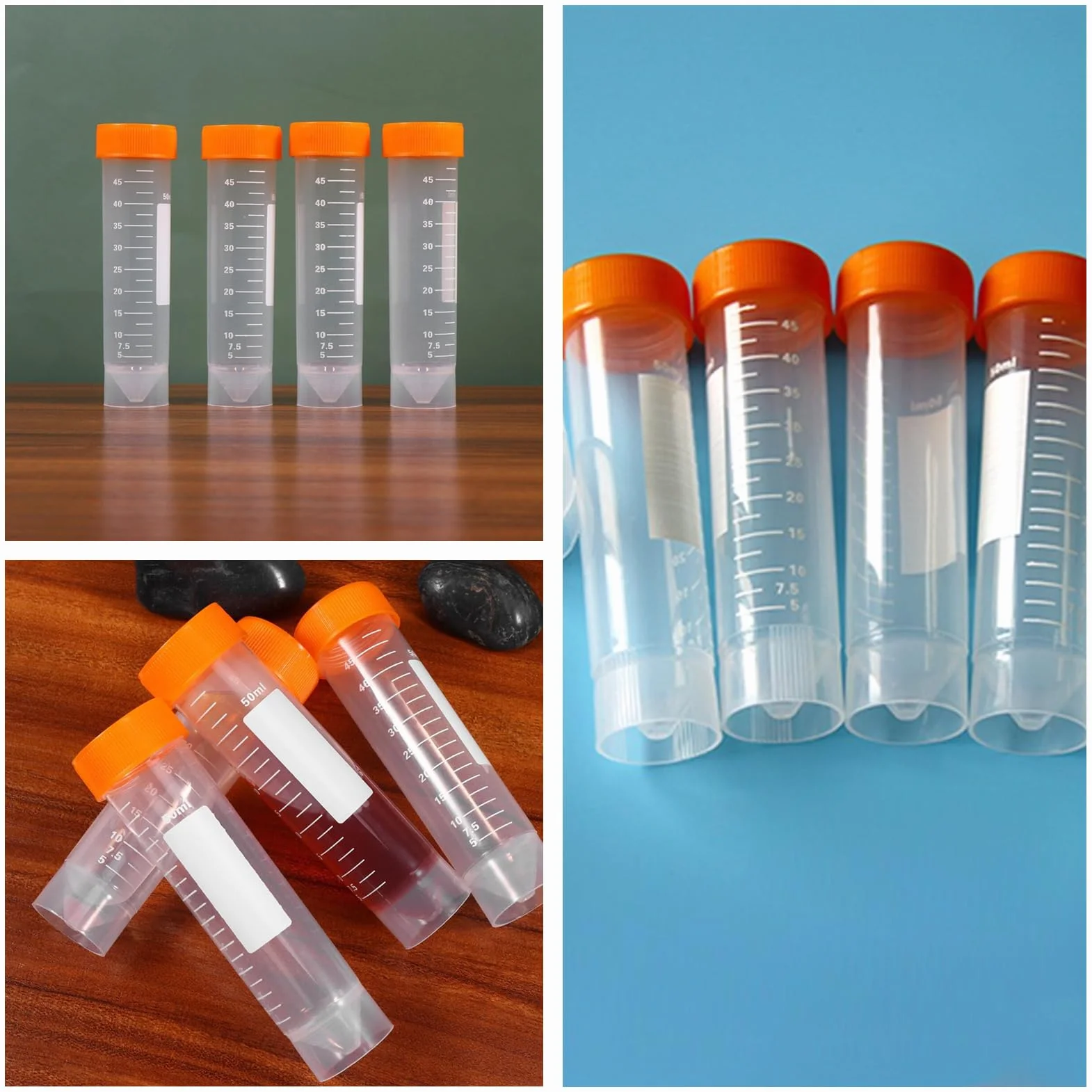 HUAZIZ 40 sztuk 50 ml pomarańczowe probówki z tworzywa sztucznego do eksperymentów laboratoryjnych i chemicznych (stożkowe + płaskie dno)