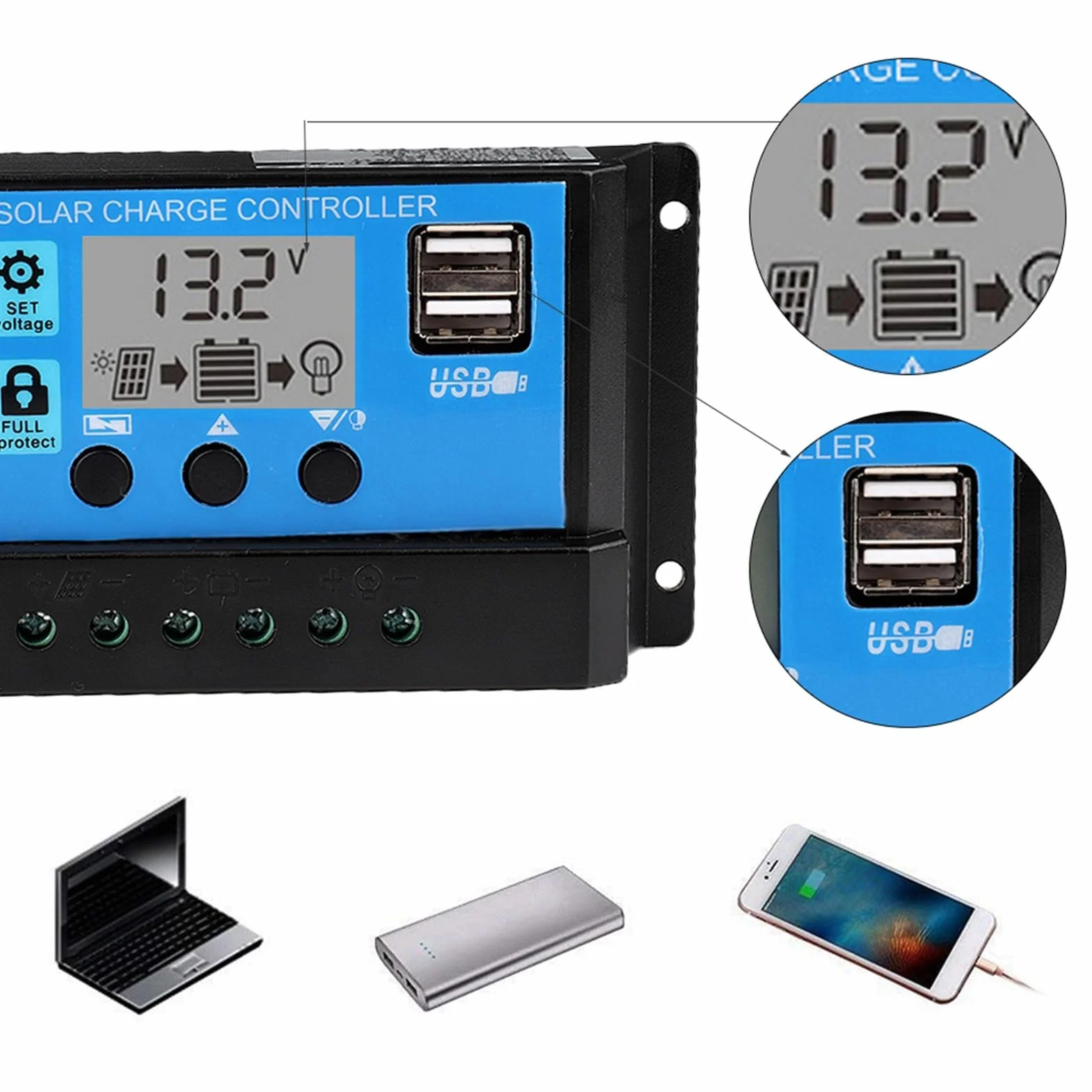 Kontroler ładowania słonecznego, 60A/50A/40A/30A/20A/10A 24 V automatyczna ładowarka słoneczna, kontroler ładowania MPPT, kontroler 12 V, panel PWM do paneli słonecznych (60A)