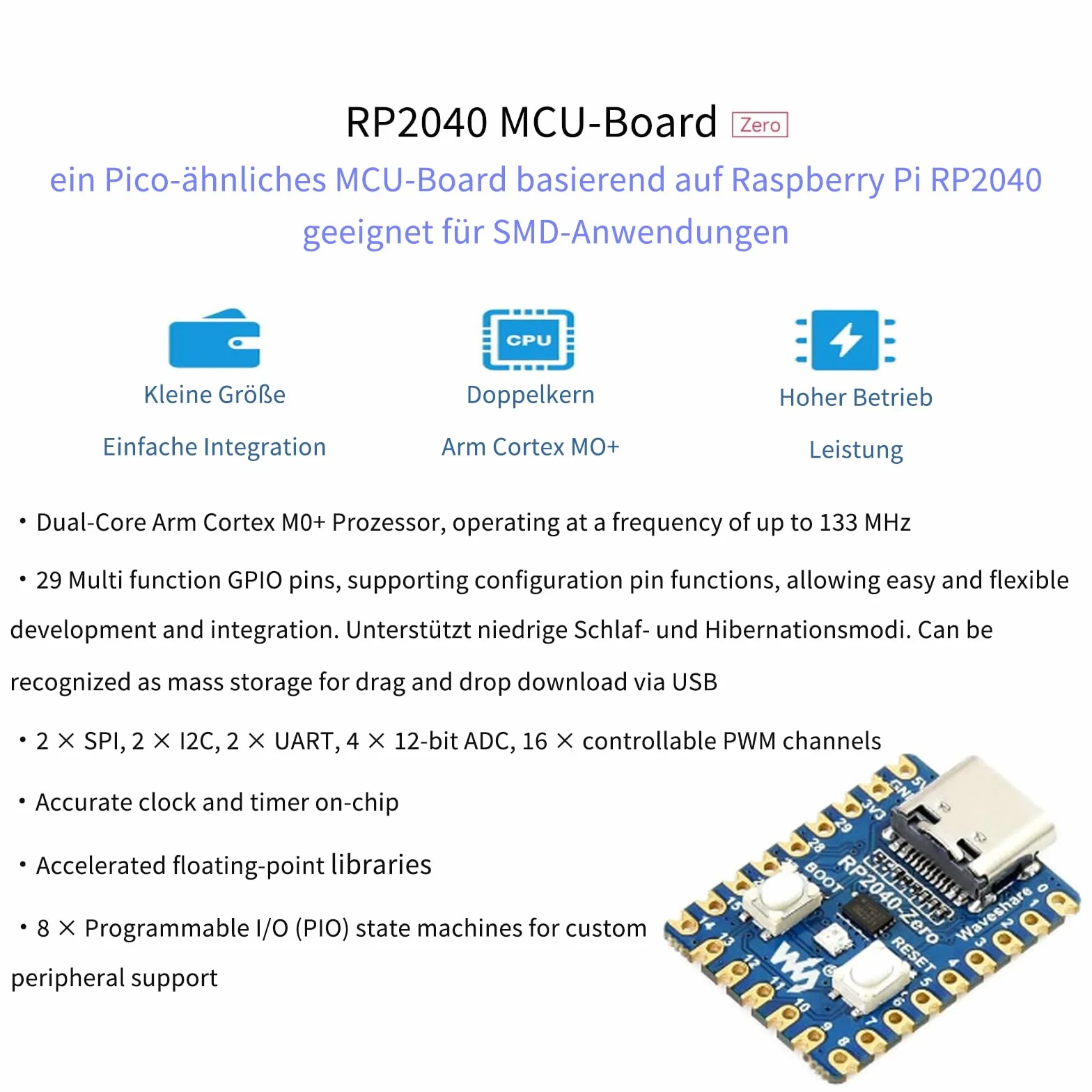 3 szt. RP2040-Zero, kompaktowa płyta do rozwoju mikrokontrolera, bazująca na procesorze Raspberry-Pi 2040 Dual-Core ARM Cortex M0+, obsługa C/C++/Python Development (z nielutowanymi pinami)