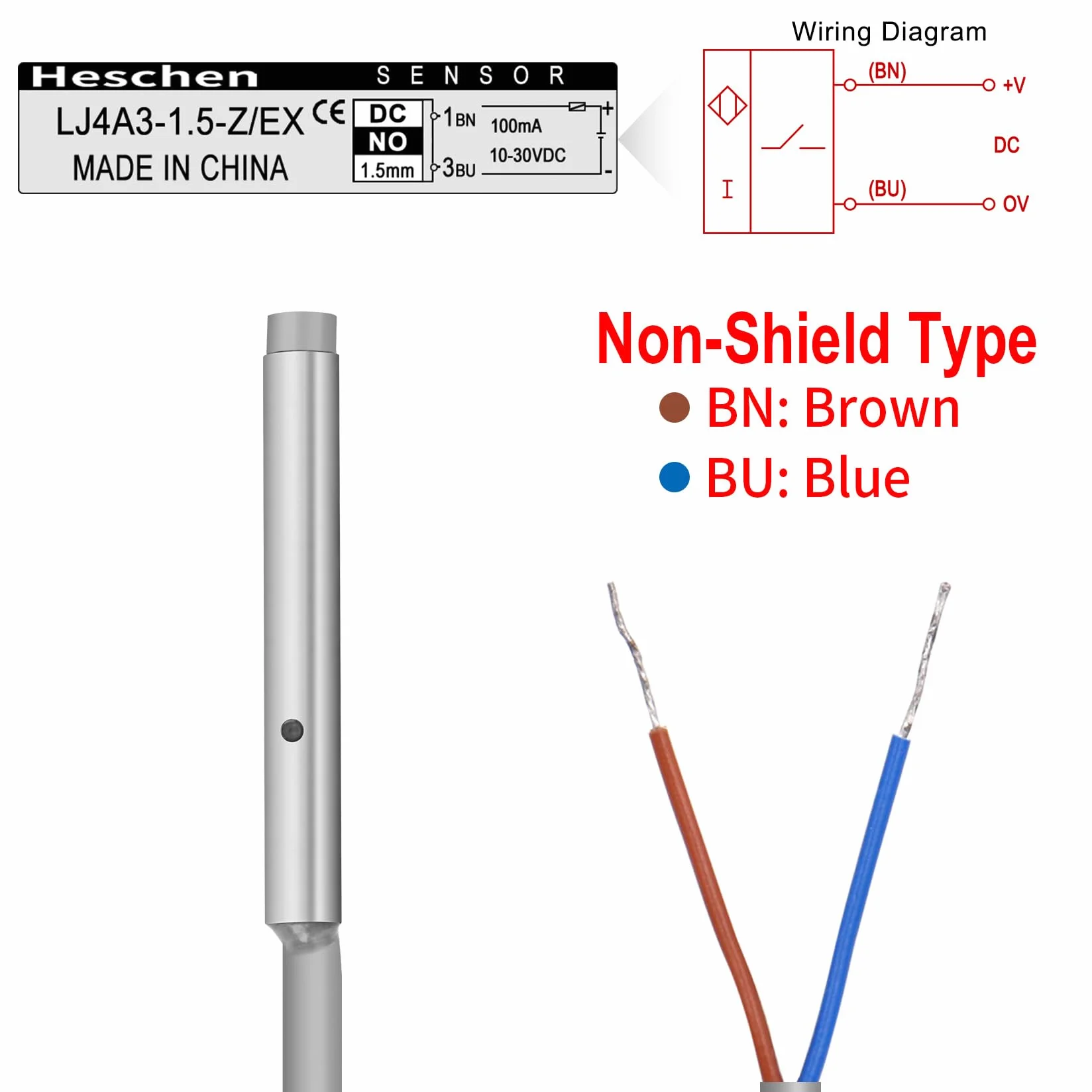 Heschen M4 Indukcyjny czujnik zbliżeniowy przełącznik typ non-Shield LJ4A3-1.5-Z/EX Detektor 1,5 mm 10-30 VDC 100 mA normalnie otwarty (NO) 2 przewody