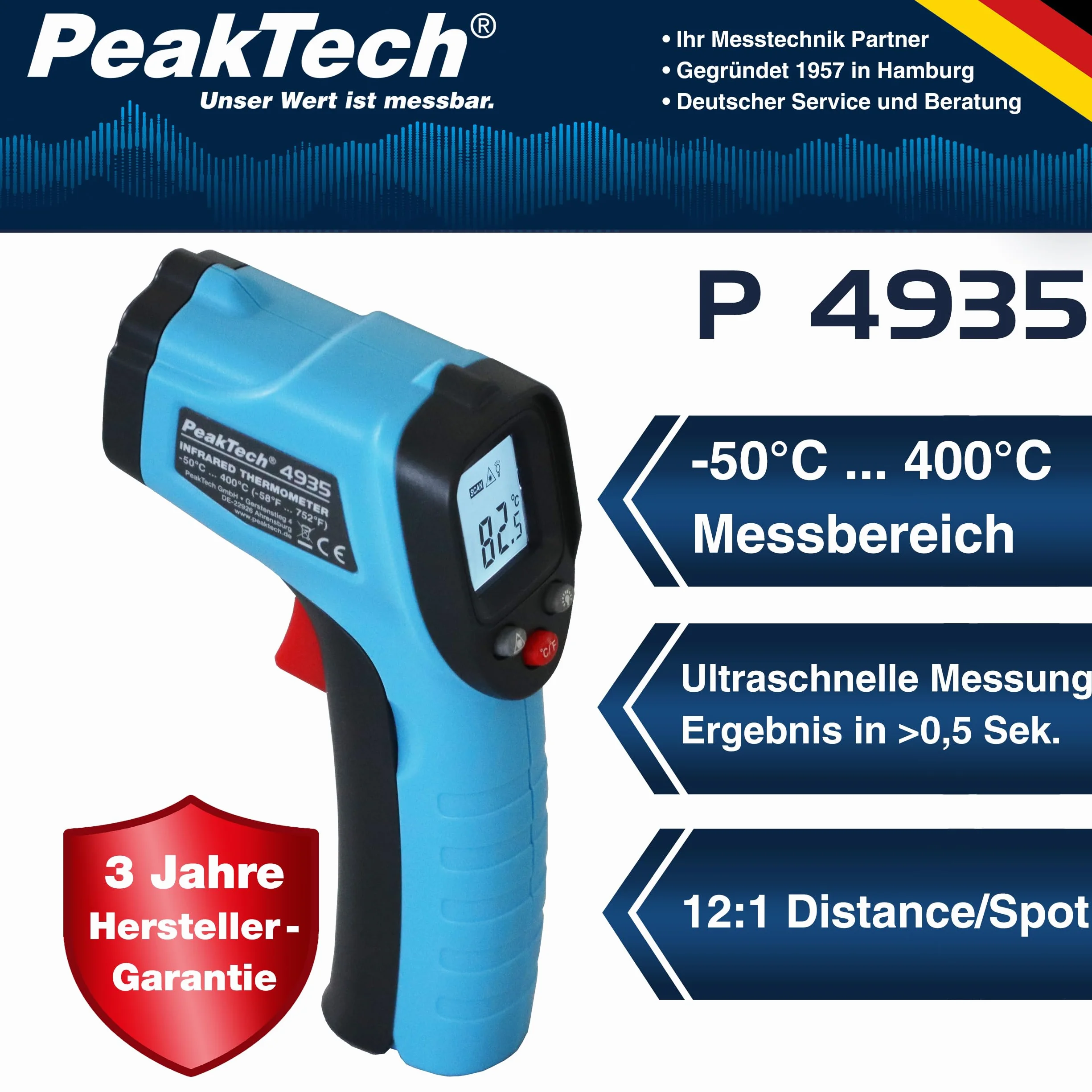 PeakTech 4935 termometr na podczerwień/pirometr z laserem, -50°C … 400°C, stosunek punktu pomiarowego 12:1, do szybkiego pomiaru temperatury powierzchni 0,5 s, stopień emisji 0,95 stały