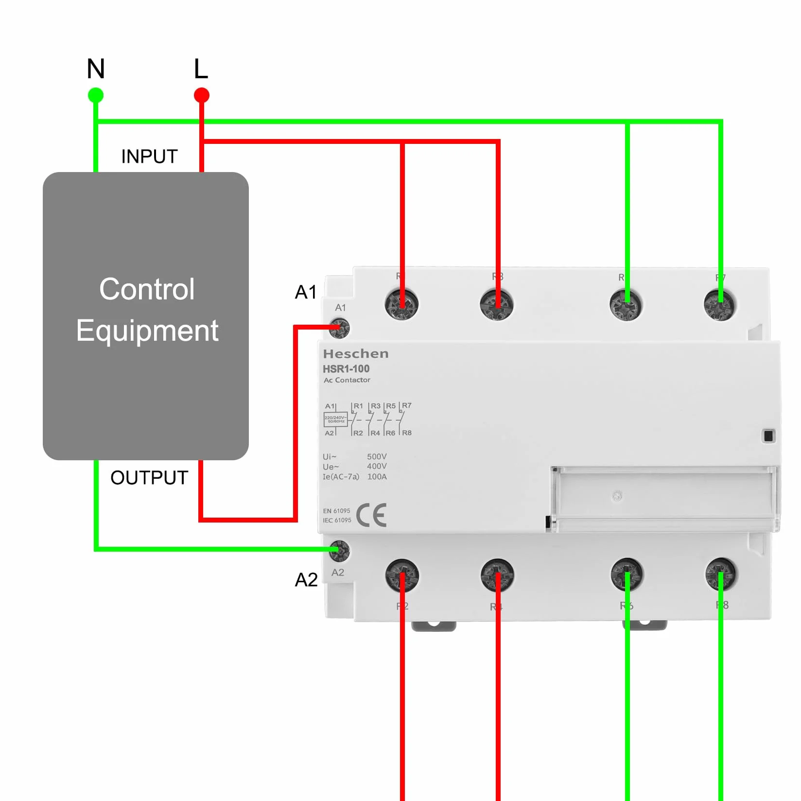 Heschen Domowy stycznik prądu zmiennego, HSR1-100, Ie 100A, 4-biegunowy, cztery normalne zamknięte, napięcie cewki AC 220 V, 35 mm montaż na szynie DIN