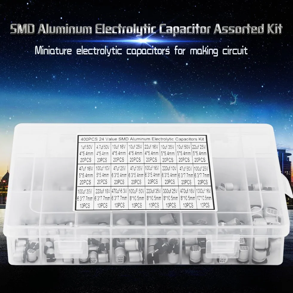 Aluminiowe kondensatory elektrolityczne SMD 24 rodzaje kondensatorów elektrolitycznych 1uF - 1000uF 400 szt