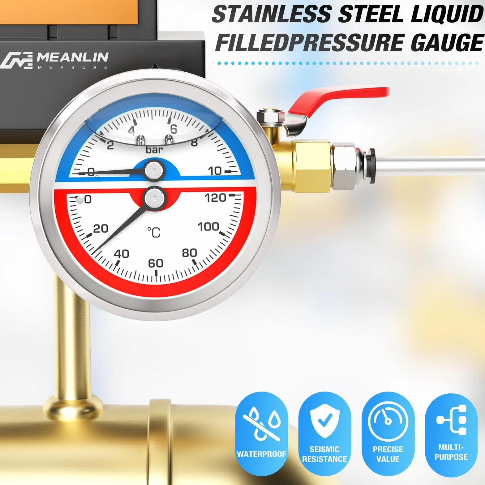 MEANLIN MEASURE ciśnieniomierz ze stali nierdzewnej 0~10 BAR/150 PSI 0~120℃ 1/4" BSP 2,5" FACE DIAL