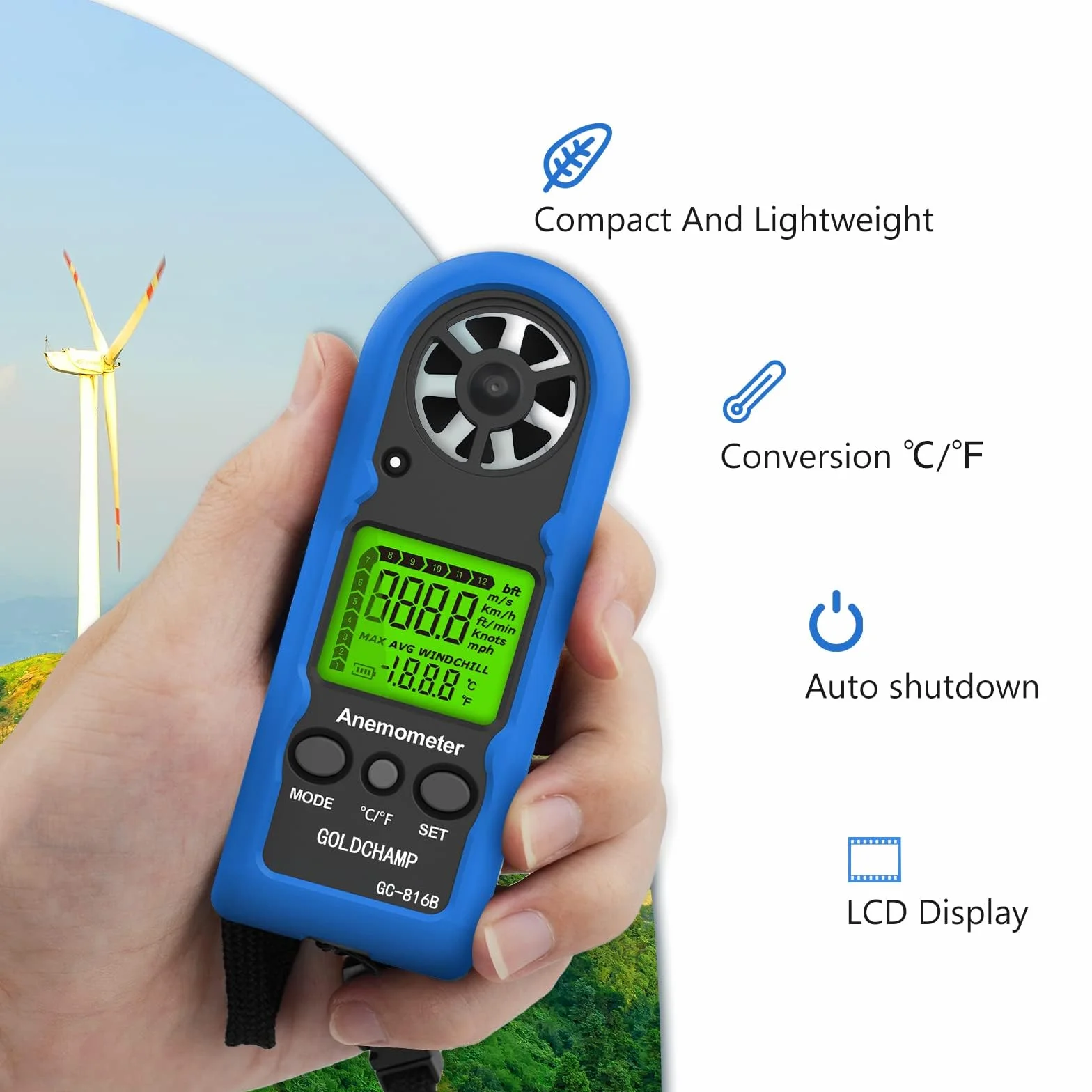 Wiatromierz ręczny, mini cyfrowy miernik prędkości wiatru, pomiar temperatury, maks. / średnia/aktualna, wskaźnik chłodzenia wiatru, podświetlenie LCD, HVAC i aktywności na świeżym powietrzu