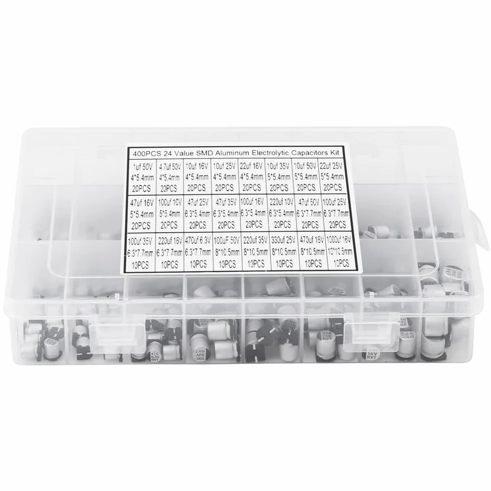 Aluminiowe kondensatory elektrolityczne SMD 24 rodzaje kondensatorów elektrolitycznych 1uF - 1000uF 400 szt