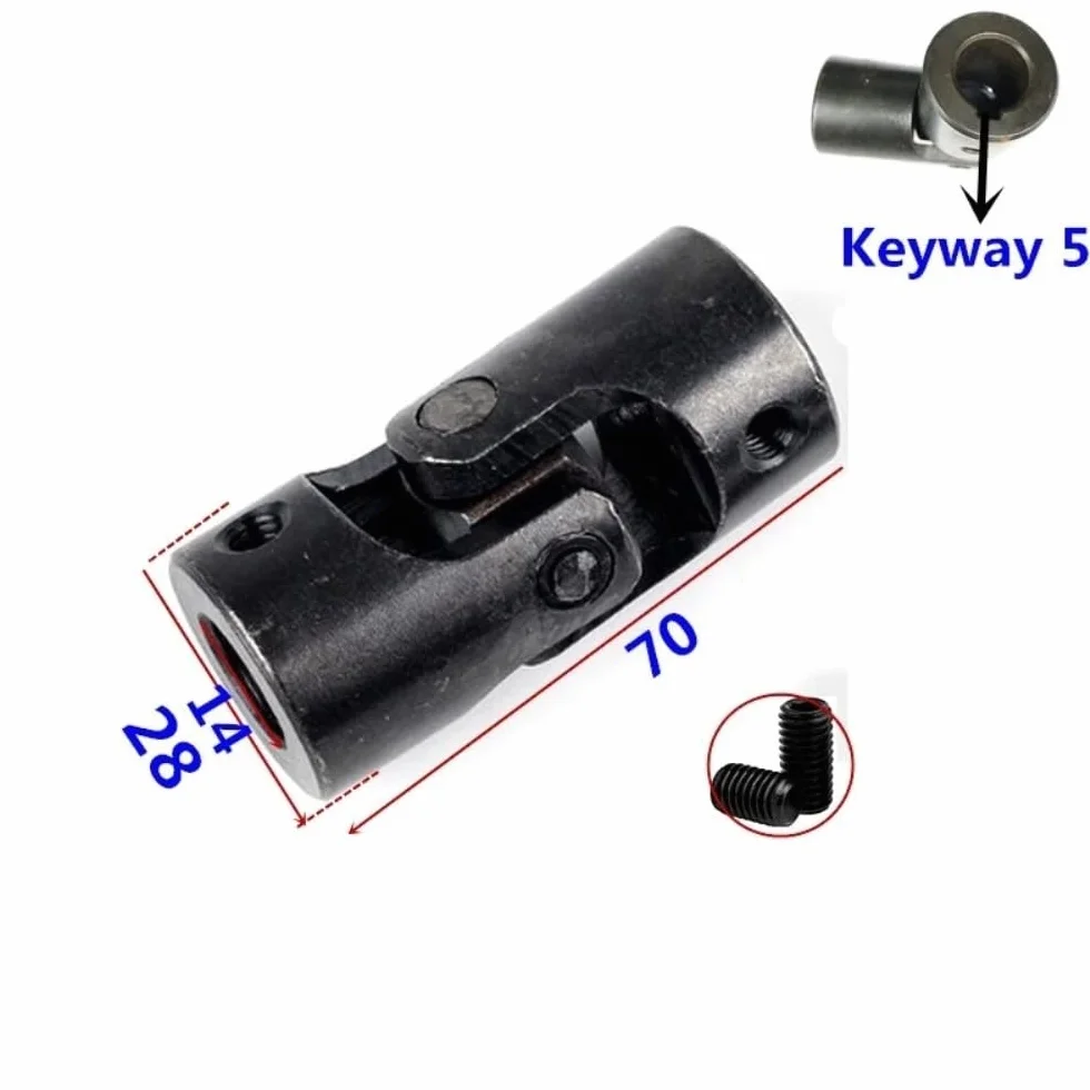 Uniwersalne sprzęgło wału kardana, otwór wewnętrzny 14 mm z rowkiem wpustowym 5 mm, długość 70 mm, 60 mm, przegub kierowniczy w kształcie litery U, regulowany wał (28 x 60 mm)