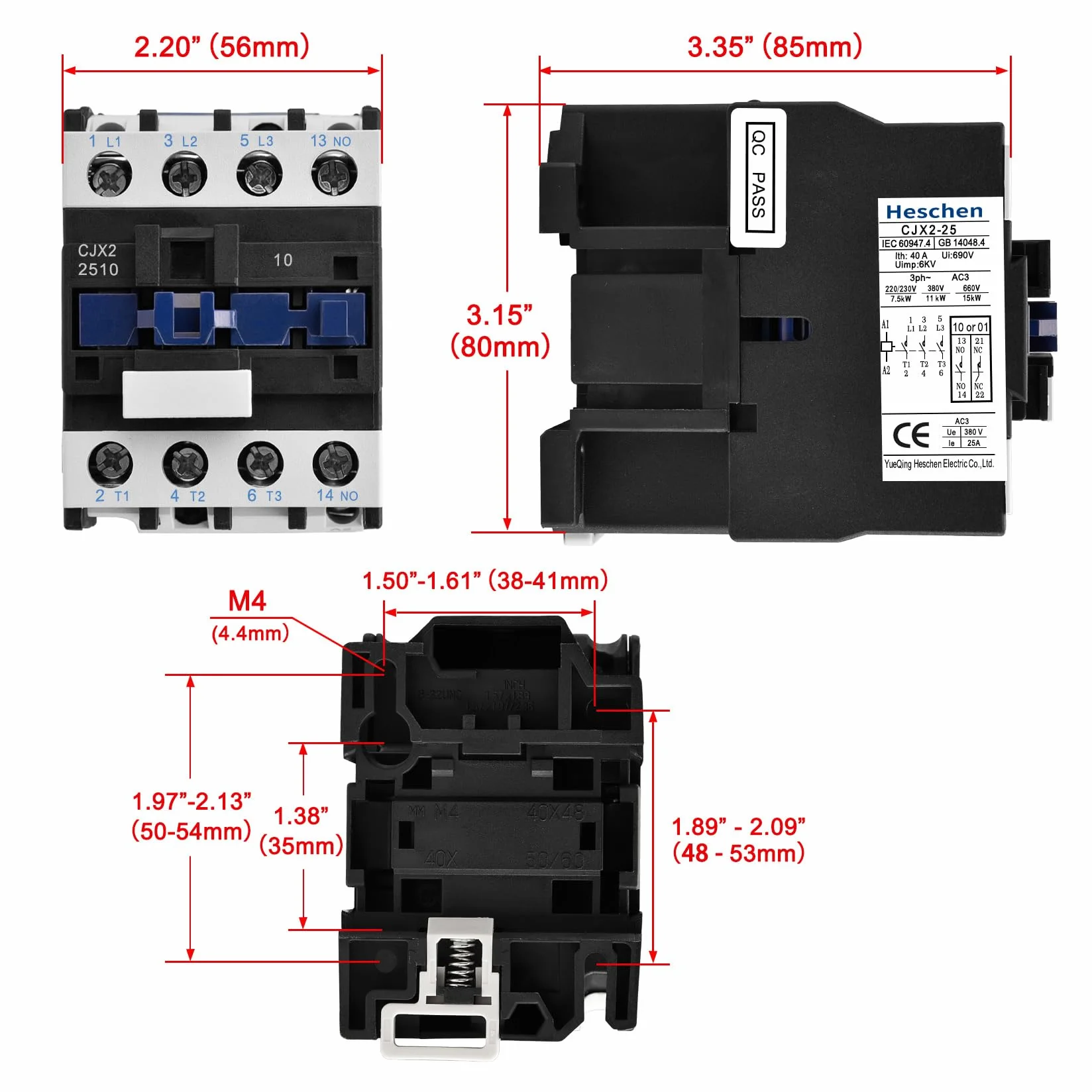 Heschen Stycznik AC, CJX2-2510, cewka 24 V 50/60 Hz, 3P, 3-biegunowa, normalnie otwarta, Ie 25 A, Ue 380 V