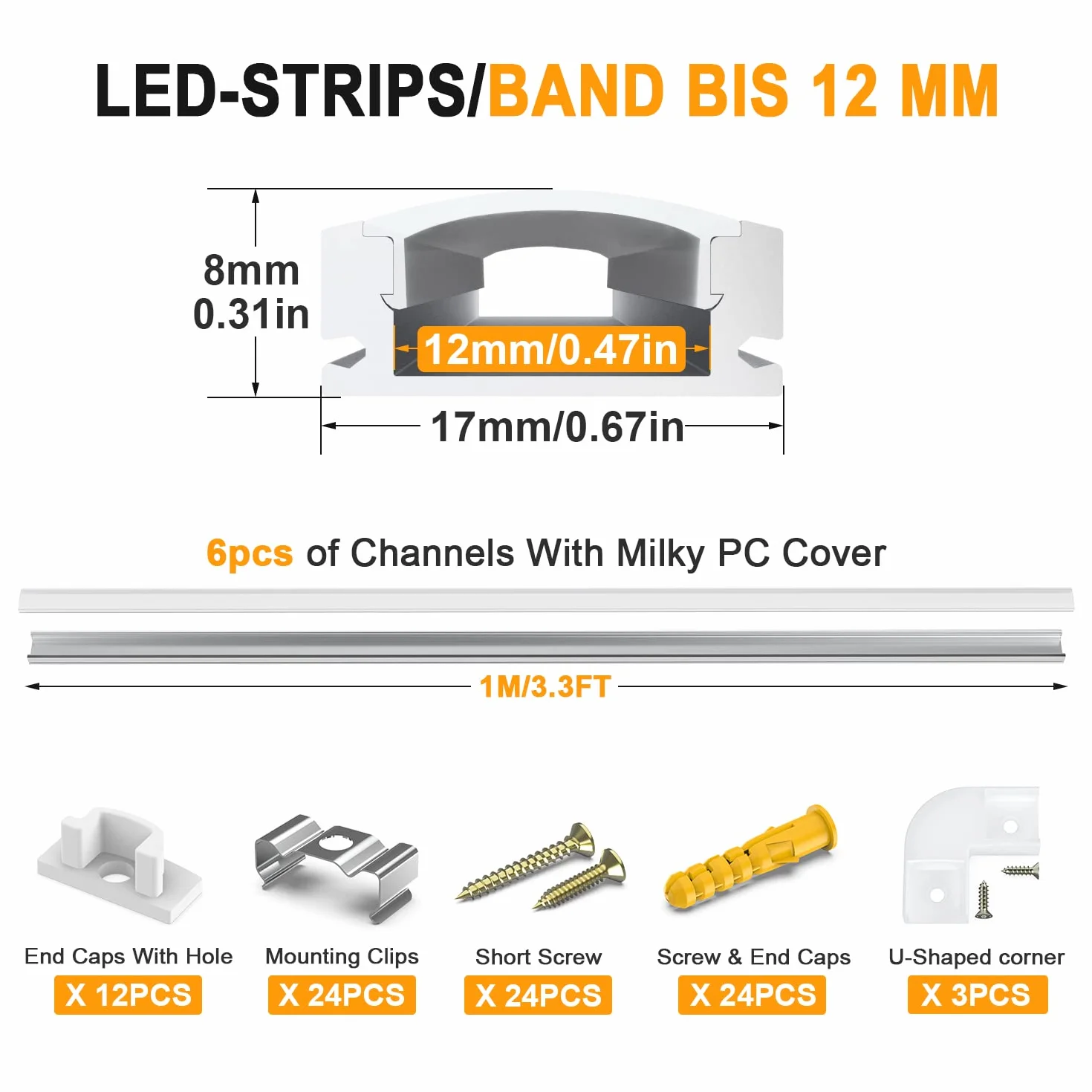 Angdarun Profil LED 6 x 1 m, aluminiowy profil w kształcie litery U, listwa aluminiowa, z mleczną białą osłoną taśmy, łącznik narożny, pośrednie oświetlenie, dyfuzor sufitowy