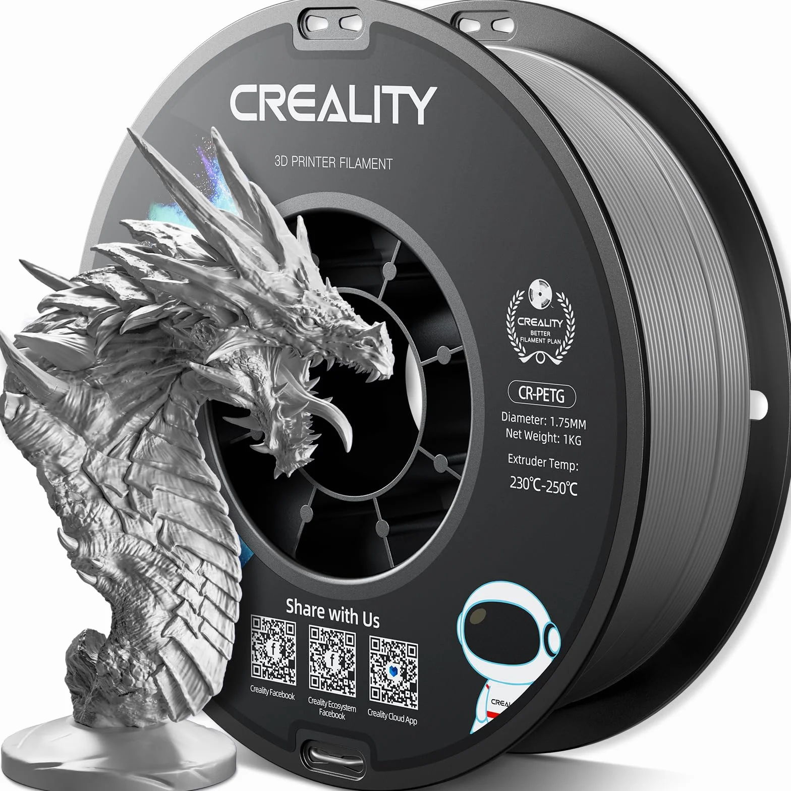 Oficjalny filament Creality PETG do drukarki 3D, 1,75 mm, 1 kg, wysoka precyzja, duża wytrzymałość, bezwonny, lepszy przepływ, odporny na wilgoć, filament końcowy do drukowania 3D, szary