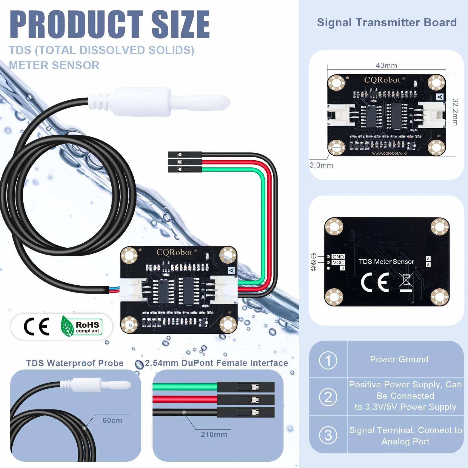 CQRobot Czujnik miernika TDS (całkowicie rozpuszczone bryły) kompatybilny z płytą Raspberry Pi/Arduino. Do nauczania analizy jakości płynów, badań naukowych, laboratorium, analizy online itp.
