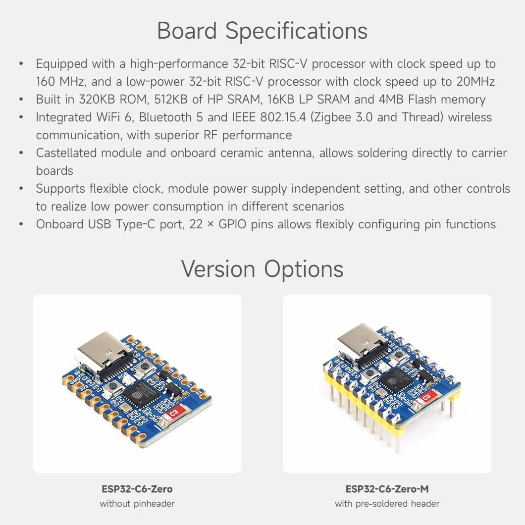 Waveshare ESP32-C6-Zero 2 PCS ESP32-C6 Mini Development Board ESP32-C6FH8 160MHz 2.4GHz WiFi 6 BT5