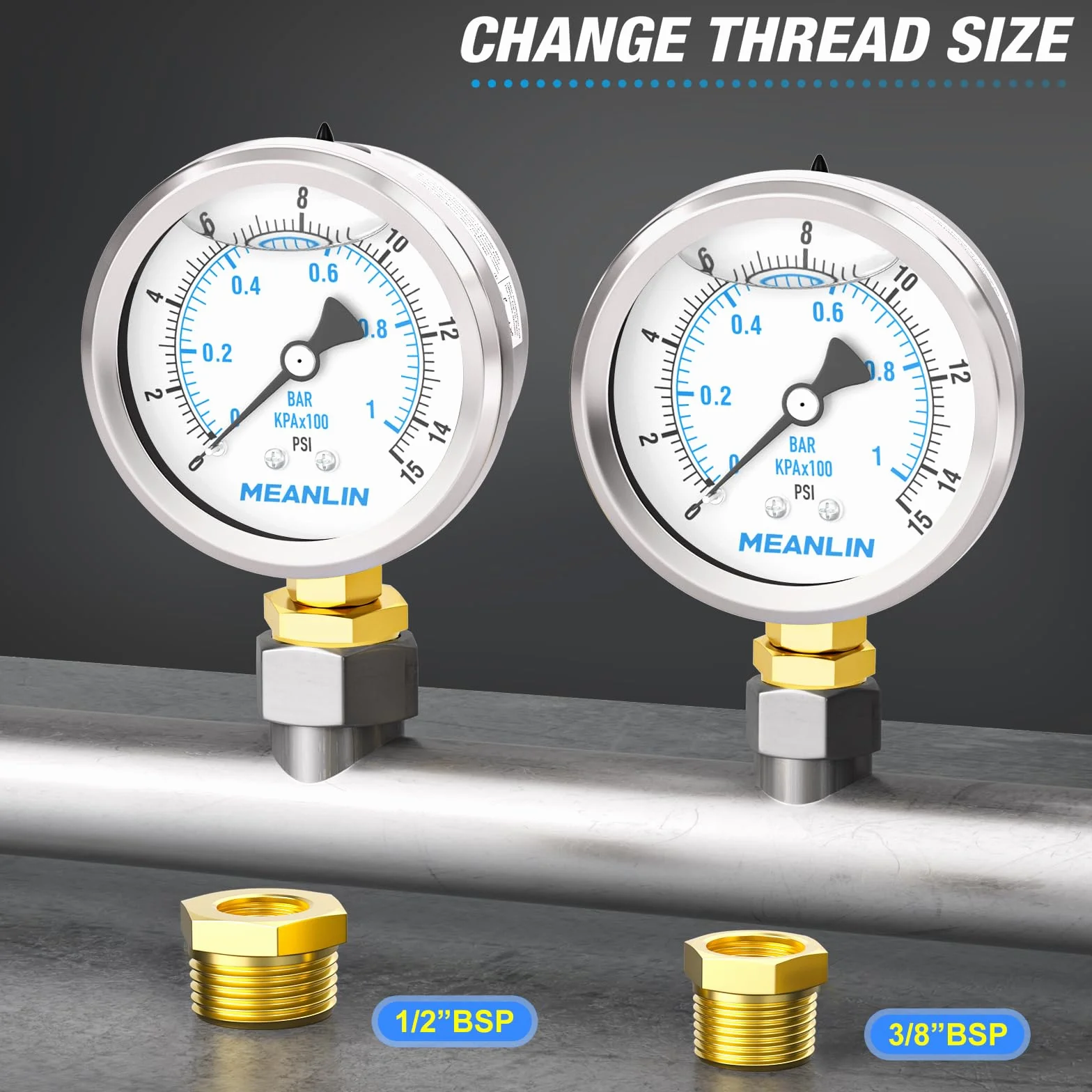 MEANLIN MEASURE 0~1BAR/15PSI Manometr wypełniony cieczą,Stal nierdzewna 1/4" BSP 2.5"DIAL,WOG Woda Olej Powietrza Dolny uchwyt, z 1/4" x 1/2"BSP i 1/4" x 3/8"BSP Piasta sześciokątna