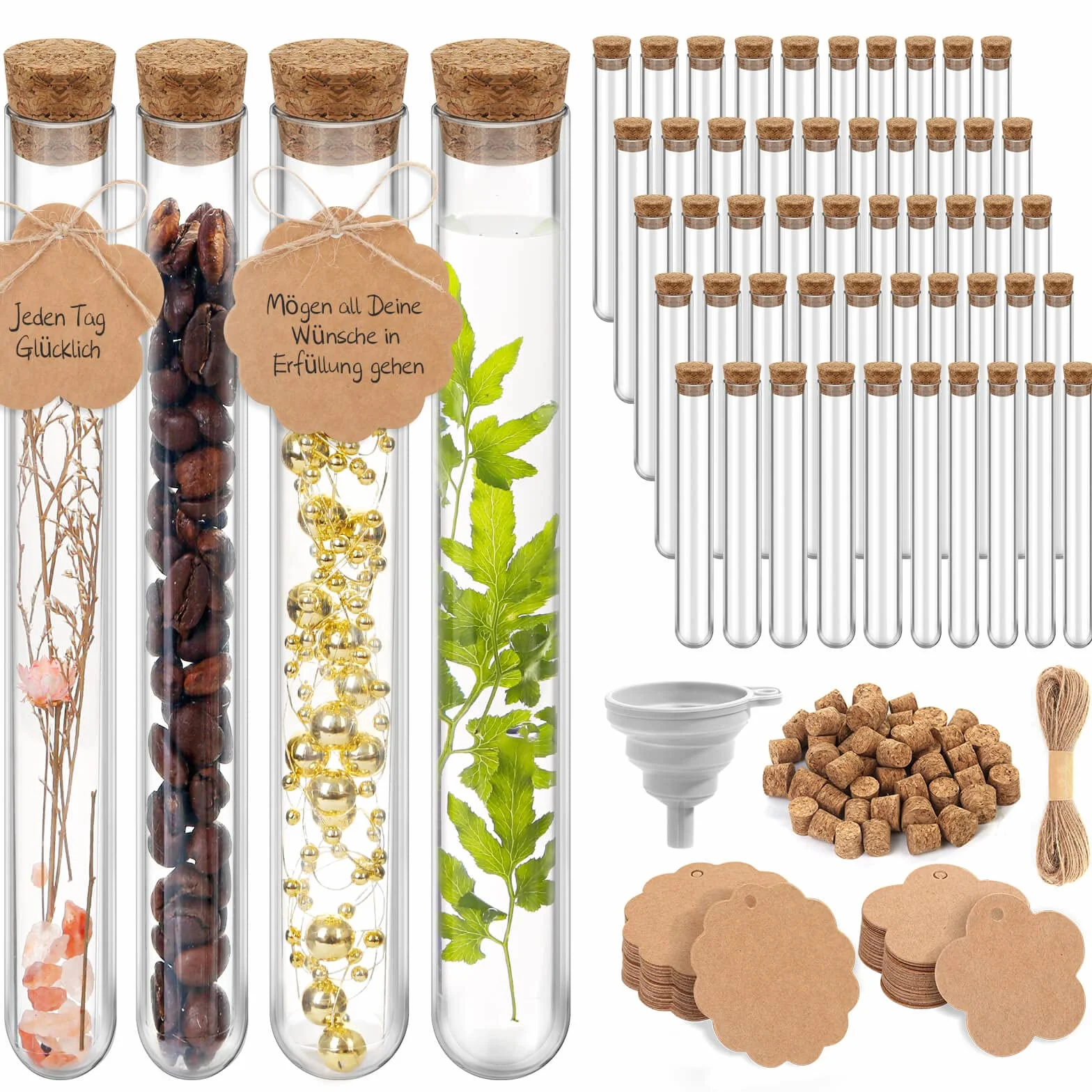 modacraft 50 sztuk dużych probówek z korkiem na słodycze, kwiaty, sól do kąpieli, prezenty dla gości weselnych, 25 szt. 30 ml i 25 szt. 25 ml, tworzywo sztuczne, probówka, 60 szt., zawieszka 20 m sznurek jutowy lejek