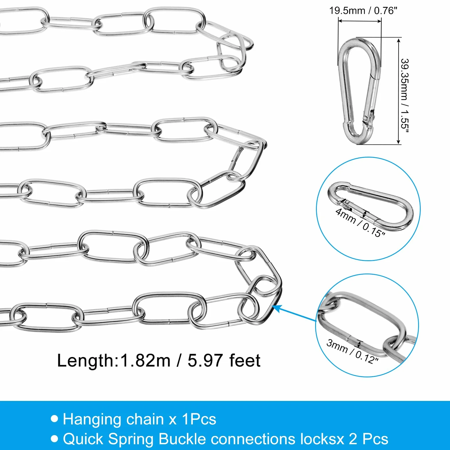 PATIKIL 183 cm (6ft) srebrna powierzchnia oświetleniowa, wiszący łańcuch metalowy z pętlą do zawieszania roślin, wisiorków, żyrandoli, opraw oświetleniowych