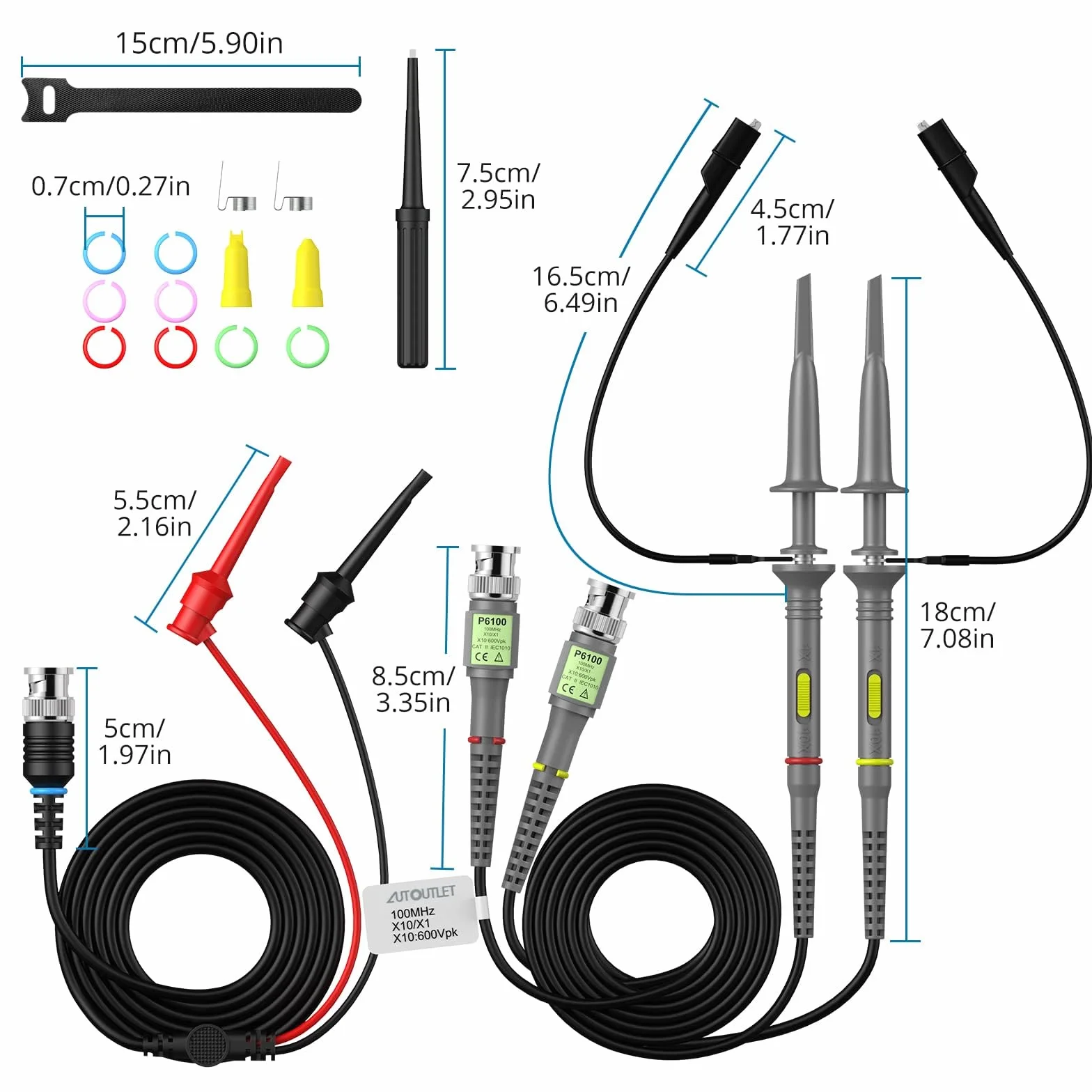 AUTOUTLET 2 zestawy P6100 sondy oscyloskopowe 100MHz z zaciskowanymi sondami BNC do Minigrabber zestaw przewodów testowych 10:1 i 1:1 przełączalna szerokość pasma