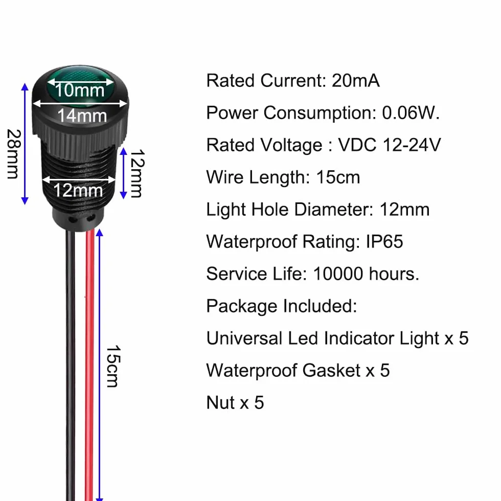 Gebildet Plastikowy Wskaźnik LED Lampka Sygnalizacyjna AC/DC 12-24V Rozmiar 12mm 5szt.