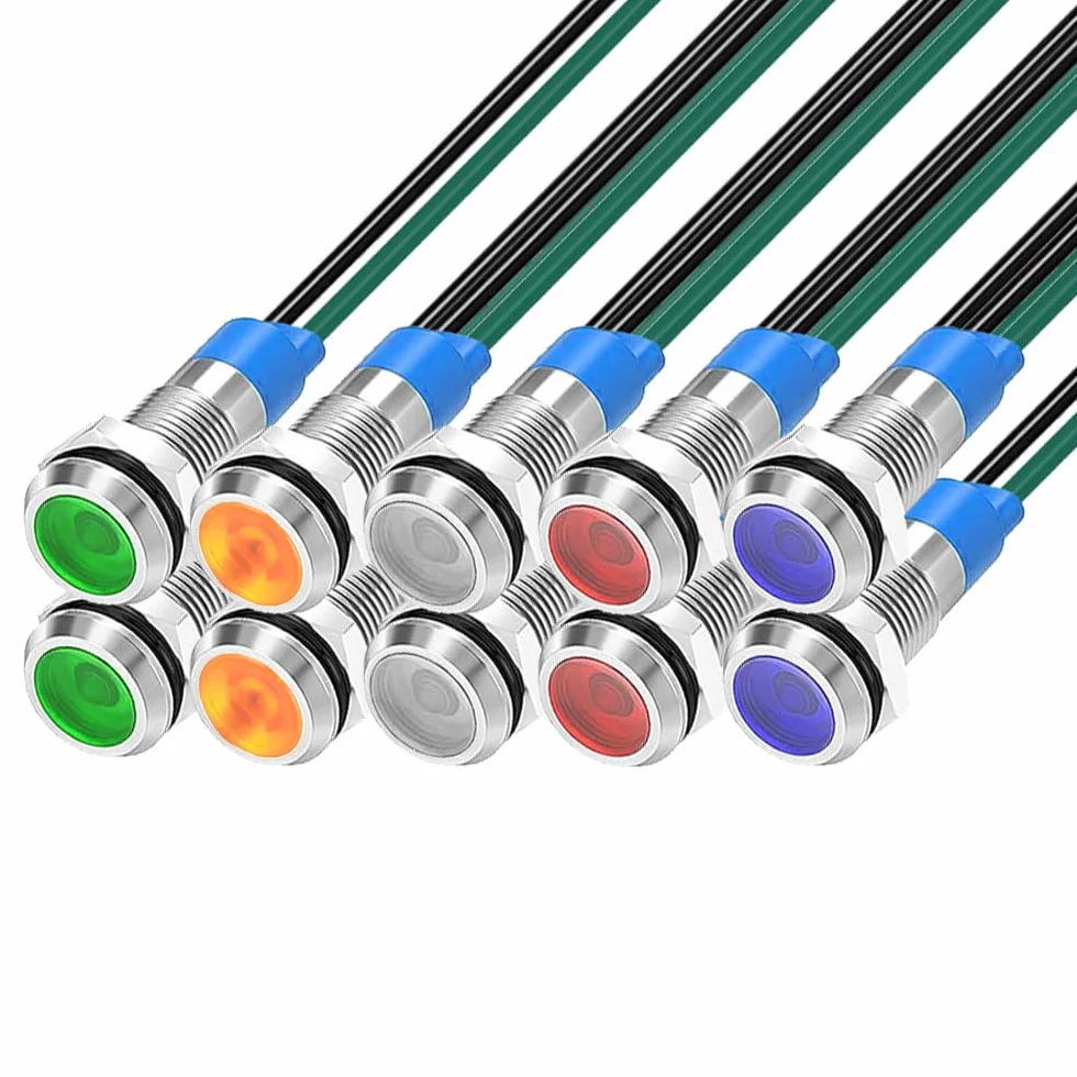 Gebildet 10 Sztuk 6mm 3V-4.5V-5V-6V-7.5V-9Vdc Oszczędność Energii Led Metalowy Wskaźnik Świetlny Wodoodporna Lampka Sygnalizacyjna Z Przewodem (Czerwony/Pomarańczowy/Niebieski/Zielony/Biały)