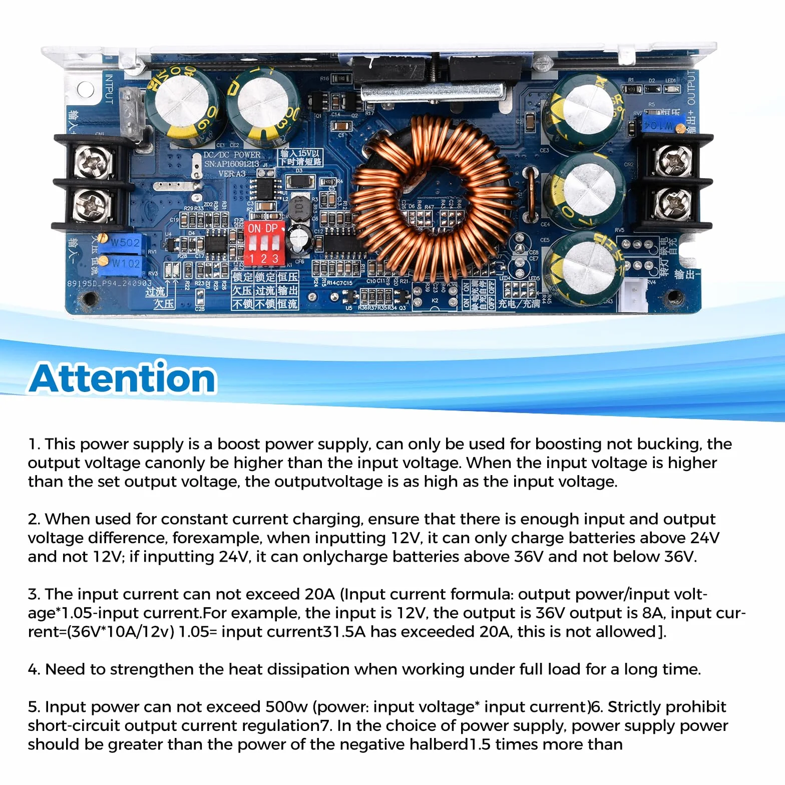 Regulowany Boost Converter DC-DC 500W 20A moduł zasilający z ochroną przed odwrotną polaryzacją