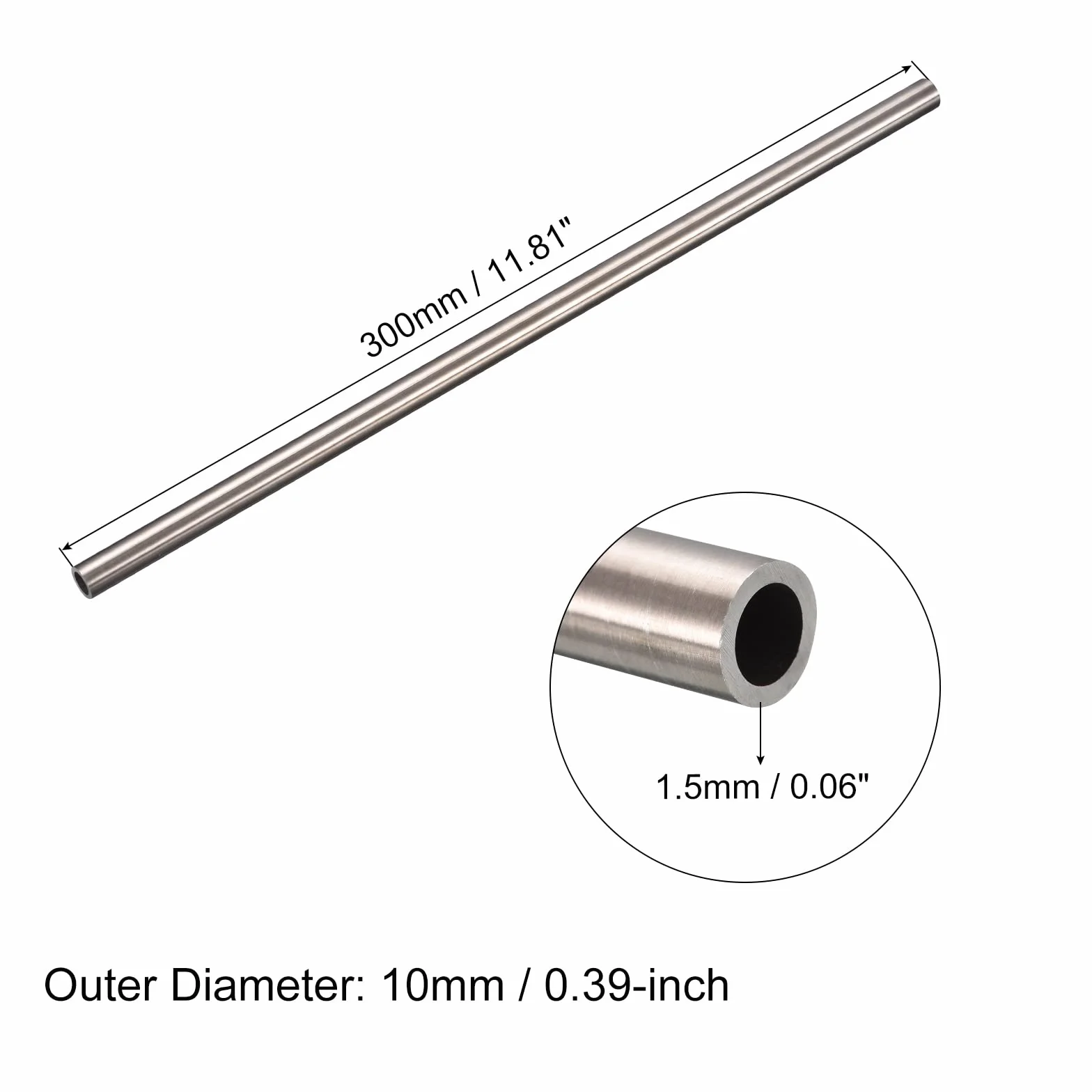 Rura ze stali nierdzewnej 304, OD 10 x 1,5 mm, grubość ścianki 300 mm, 2 szt