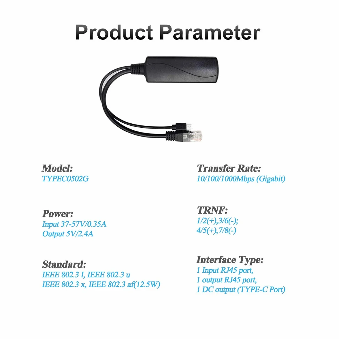 Revotech Gigabit Aktiv PoE rozdzielacz typu C 5 V 2,4 A, IEEE 802.3af 10/100/1000 Mbps do ładowania typu C RJ45 port zasilanie przez adapter rozdzielacza typu C Ethernet (TYPEC0502G)
