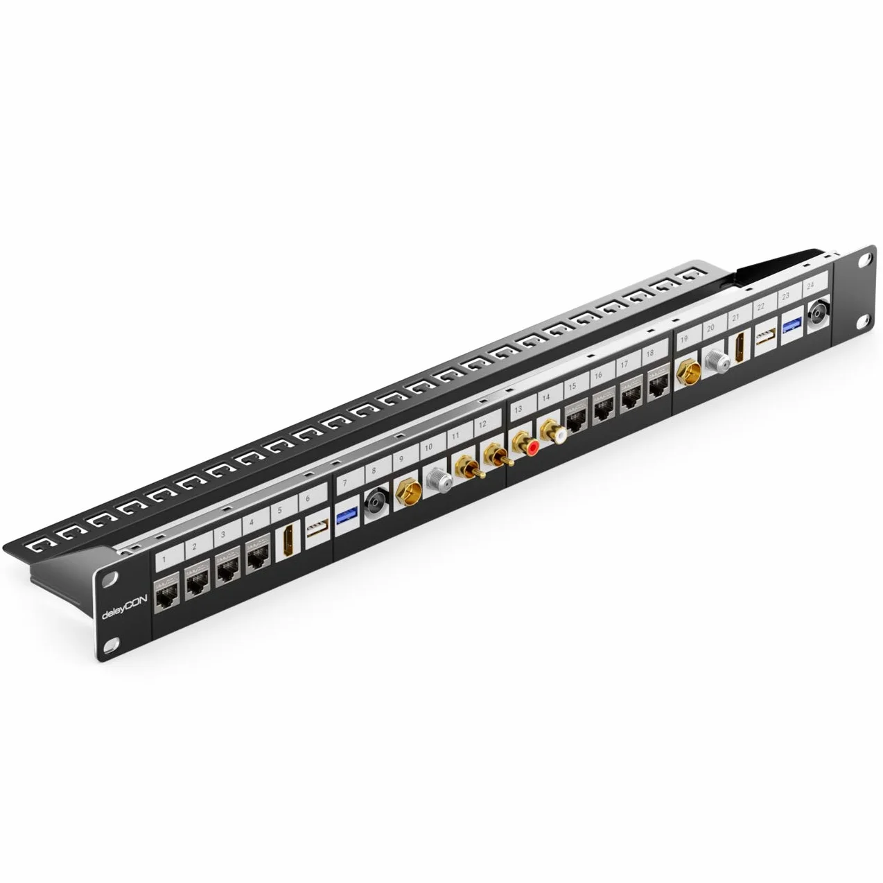 deleyCON 24 Port Patchpanel Pole Modularne do Modułów Keystone 1 HE 19" Zoll Montaż w Szafie Kompatybilne CAT5 CAT6 CAT7 CAT8 LAN Sieć Kabel Instalacyjny Czarny