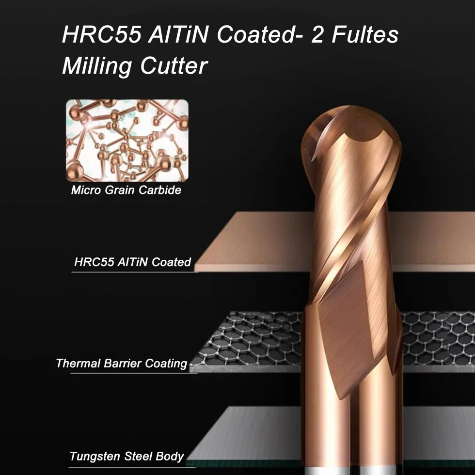 ASNOMY 2 sztuki frez promieniowy VHM z głowicą kulową – Ø 2 mm, powłoka AlTiN HRC 55, frez kulowy z twardego metalu, 2 zęby frez do grawerowania CNC do metalu