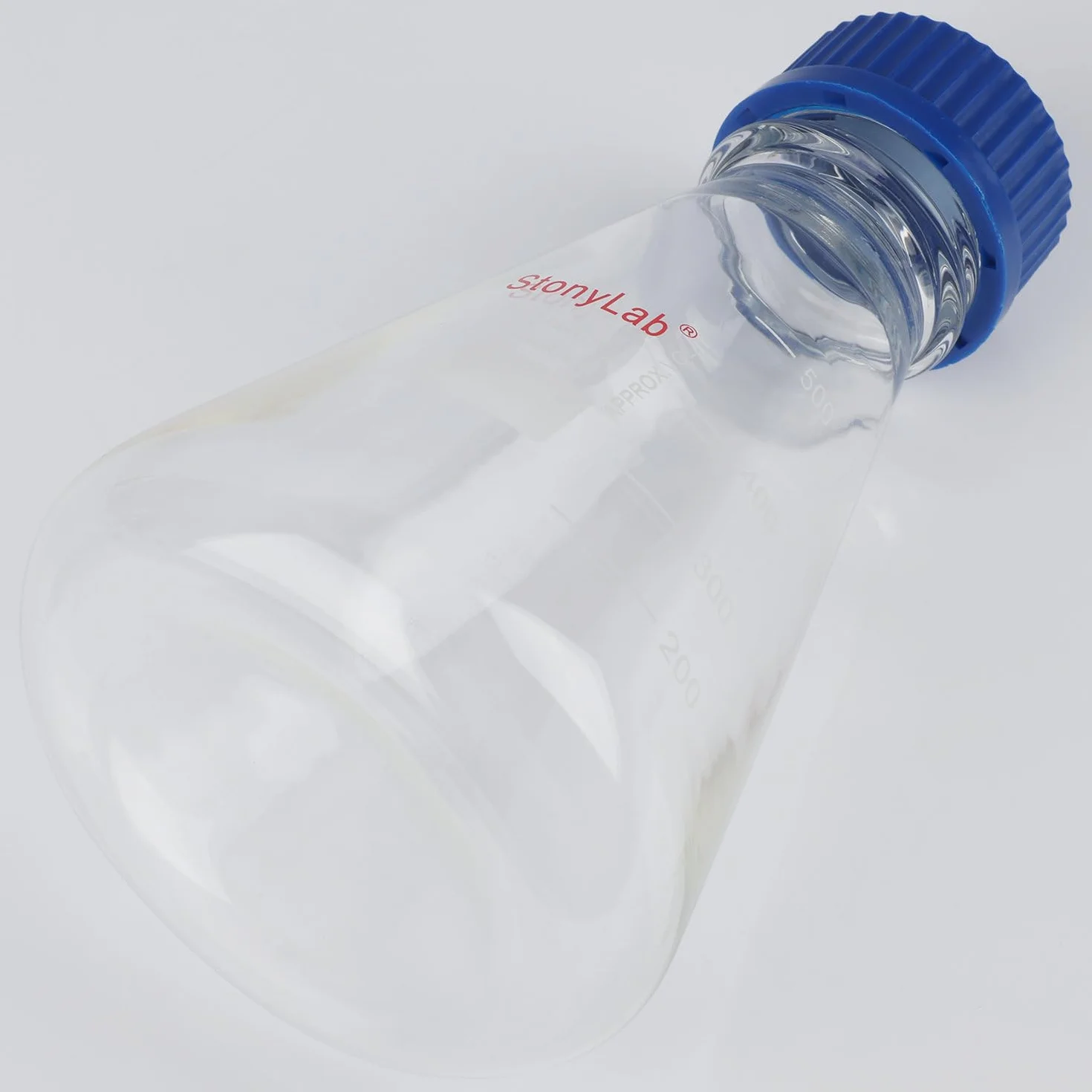 stonylab kolba Erlenmeyer z niebieską zakrętką, fazowana kolba laboratoryjna ze szkła borokrzemowego z podziałką, 500 ml