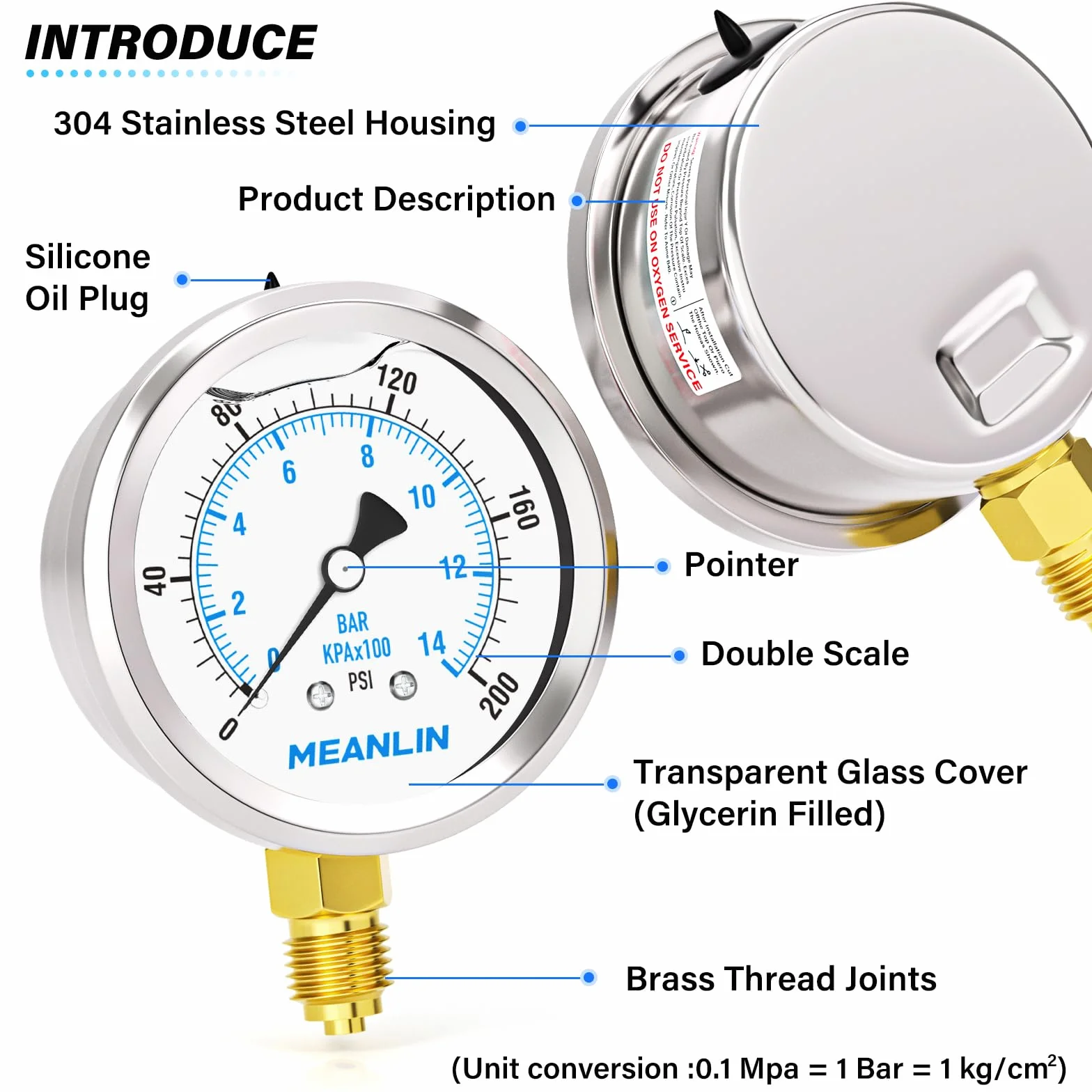 MEANLIN MEASURE manometr napełniony płynem 0-14 BAR 0-200 PSI stal nierdzewna 1/4" BSP 2,5" FACE DIAL