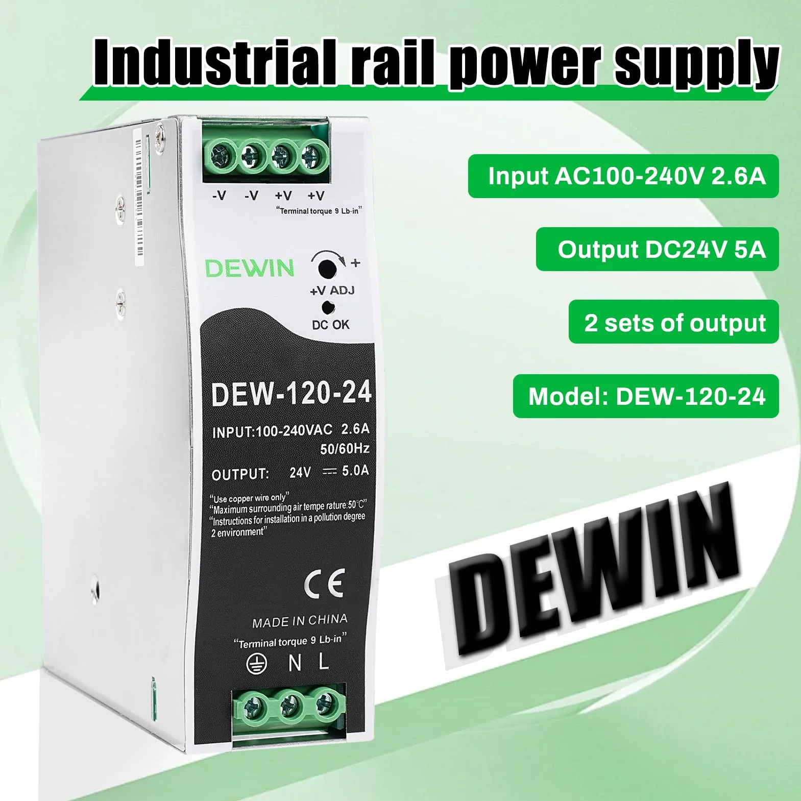 DEWIN szyna DIN zasilacz 24V 120W 5A przemysłowy DEW-120-24