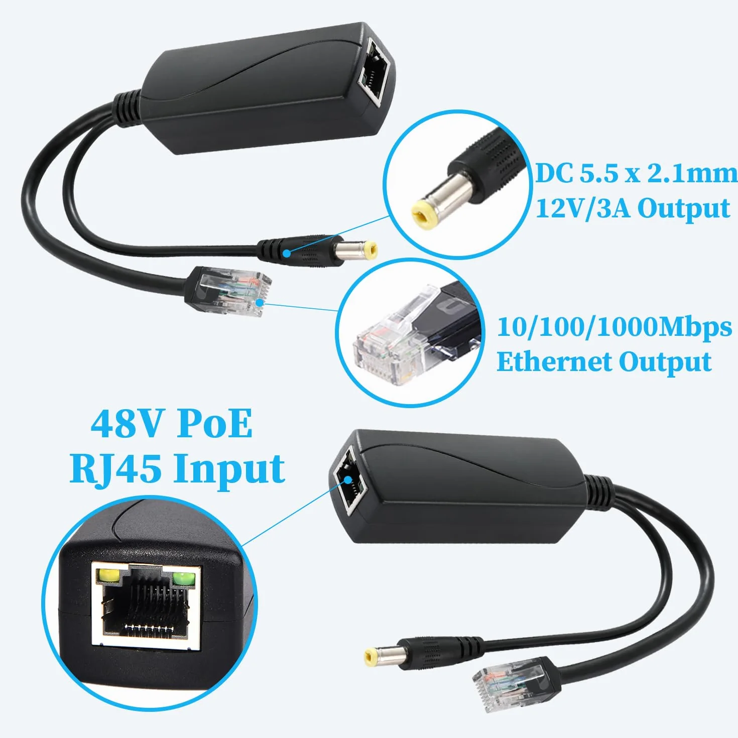 Rozdzielacz PoE Gigabit 36 W 12 V/3 A, DC 5,5 x 2,1 mm wtyczka PoE do DC 12 V/3 A, Gigabit Ethernet odpowiada IEEE802.3ft, Plug and Play (PS5712BG)